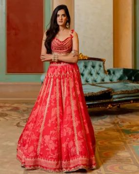 Cherry Red Mono Tone Printed Lehenga Set