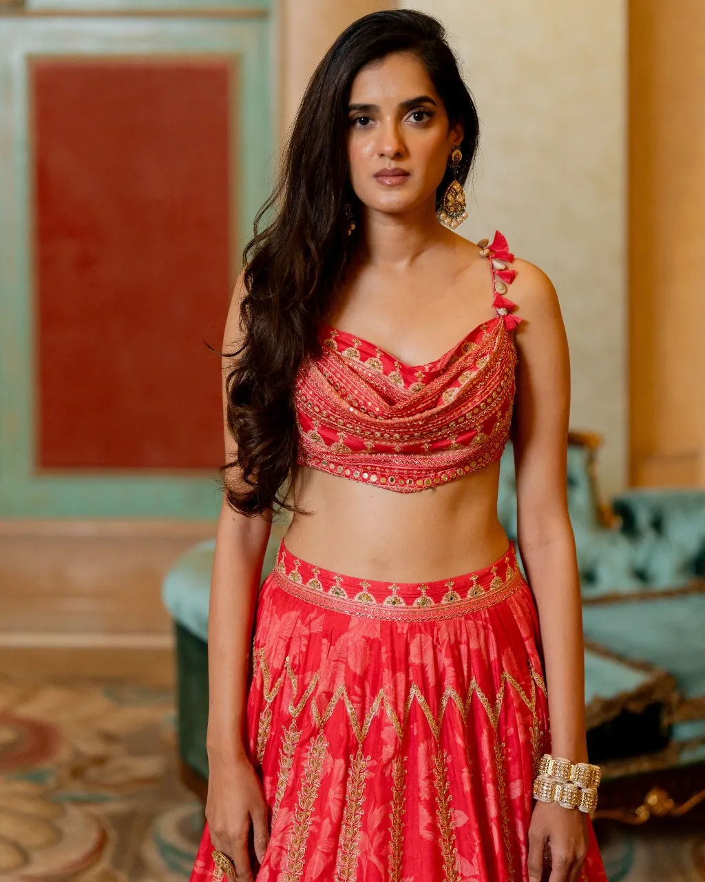 Cherry Red Mono Tone Printed Lehenga Set