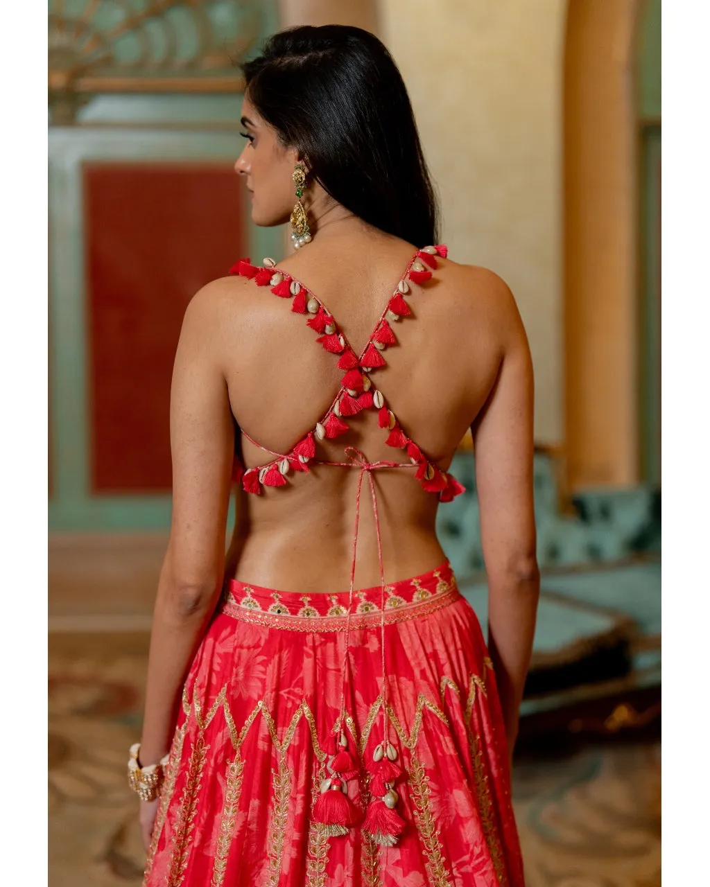 Cherry Red Mono Tone Printed Lehenga Set