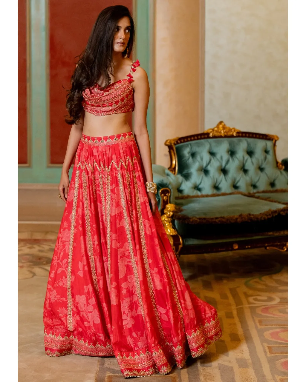 Cherry Red Mono Tone Printed Lehenga Set