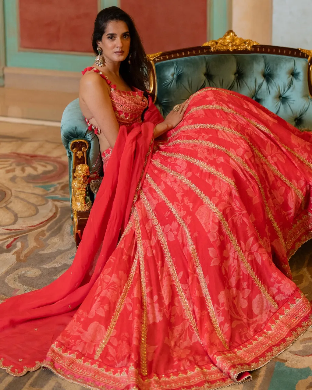 Cherry Red Mono Tone Printed Lehenga Set