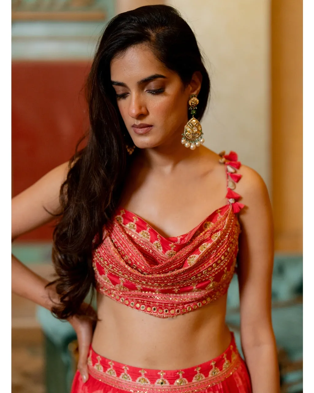 Cherry Red Mono Tone Printed Lehenga Set