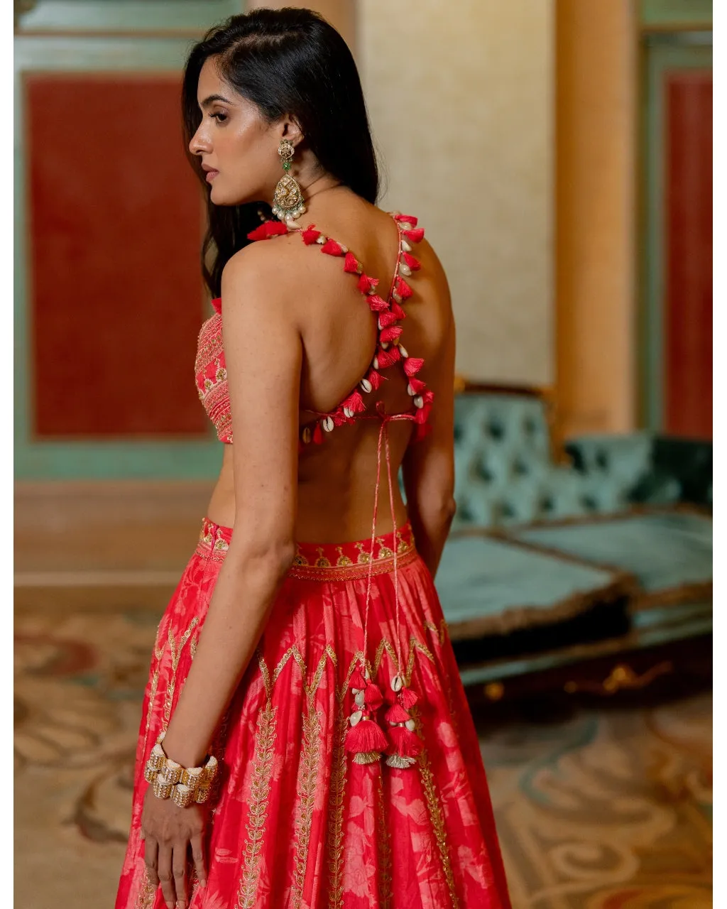 Cherry Red Mono Tone Printed Lehenga Set