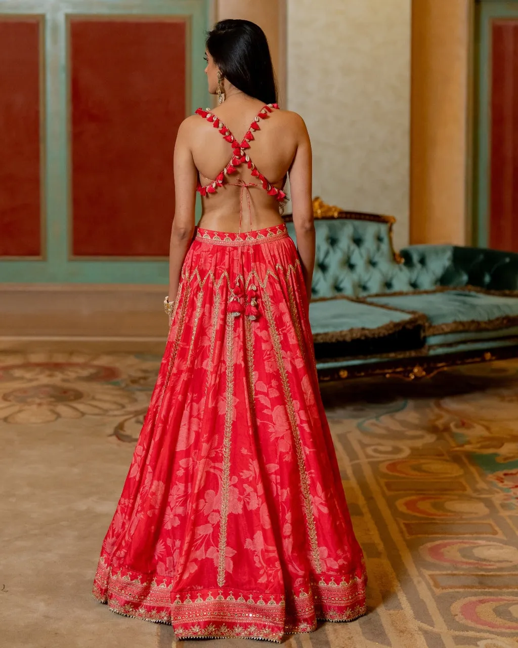 Cherry Red Mono Tone Printed Lehenga Set