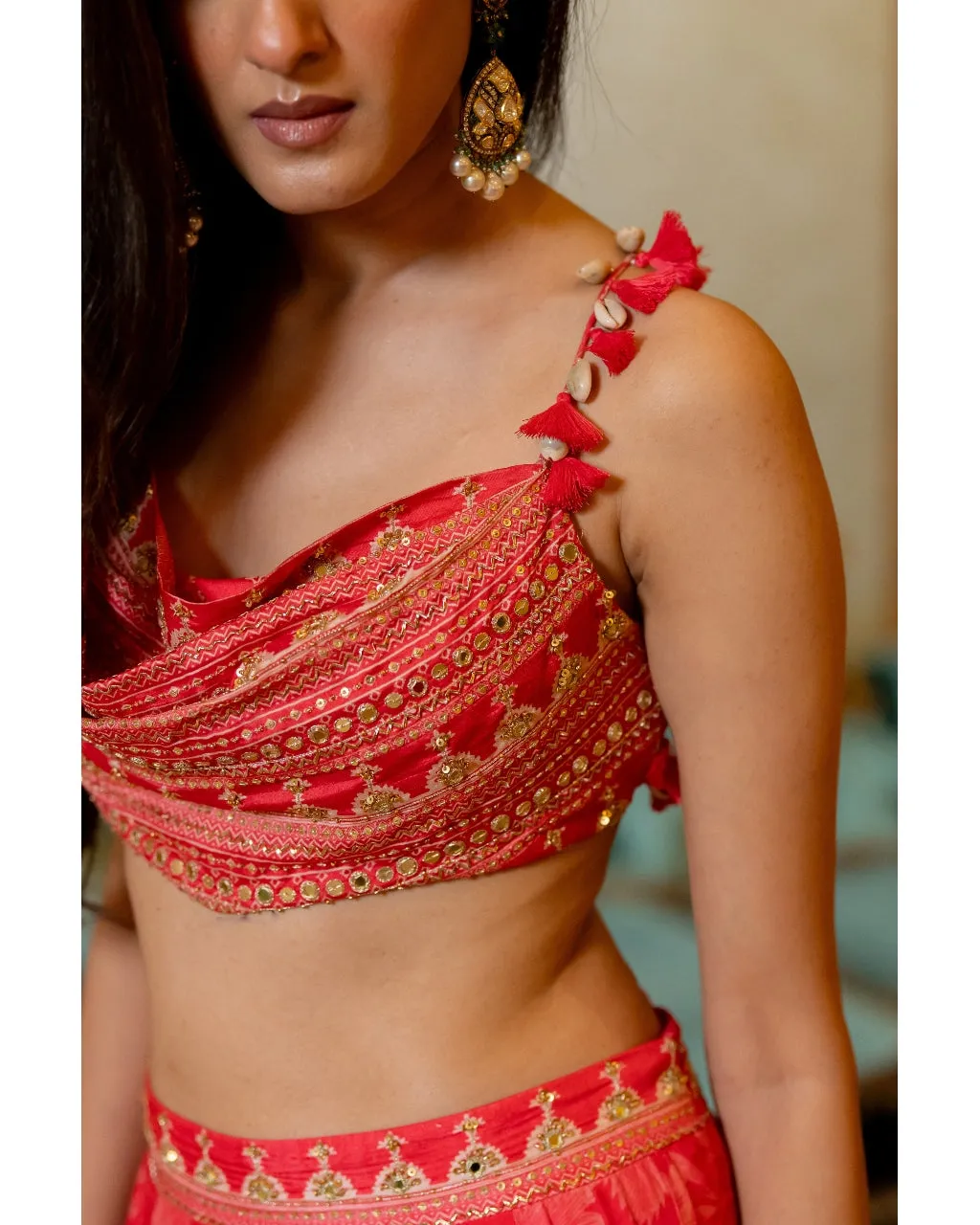 Cherry Red Mono Tone Printed Lehenga Set