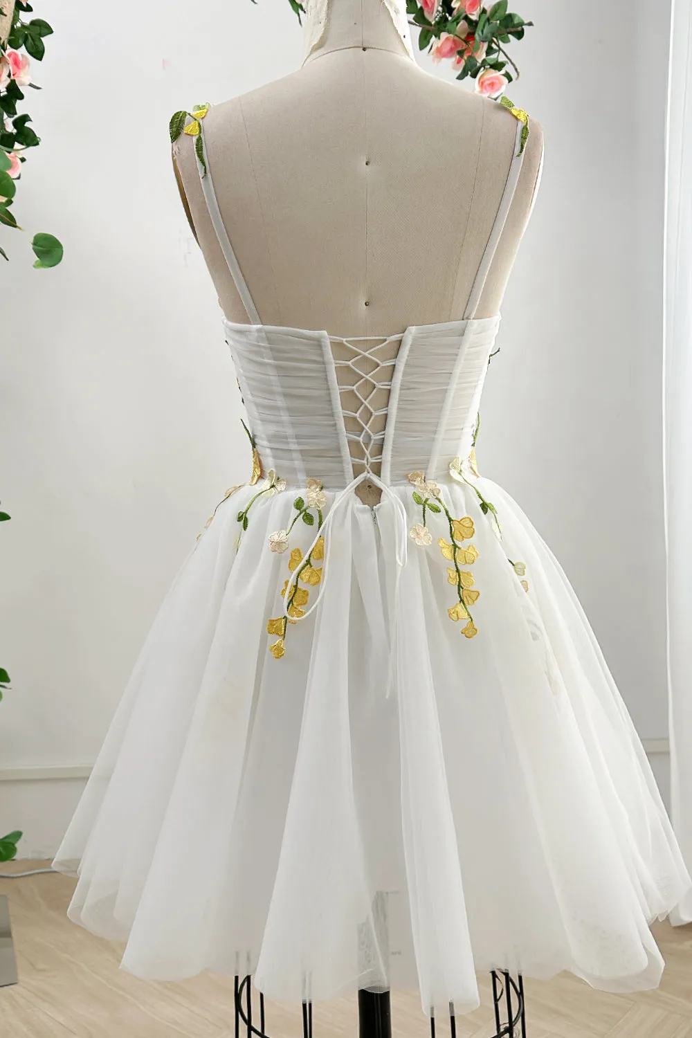 Corset Yellow Floral Applique Mini Ivory Dress