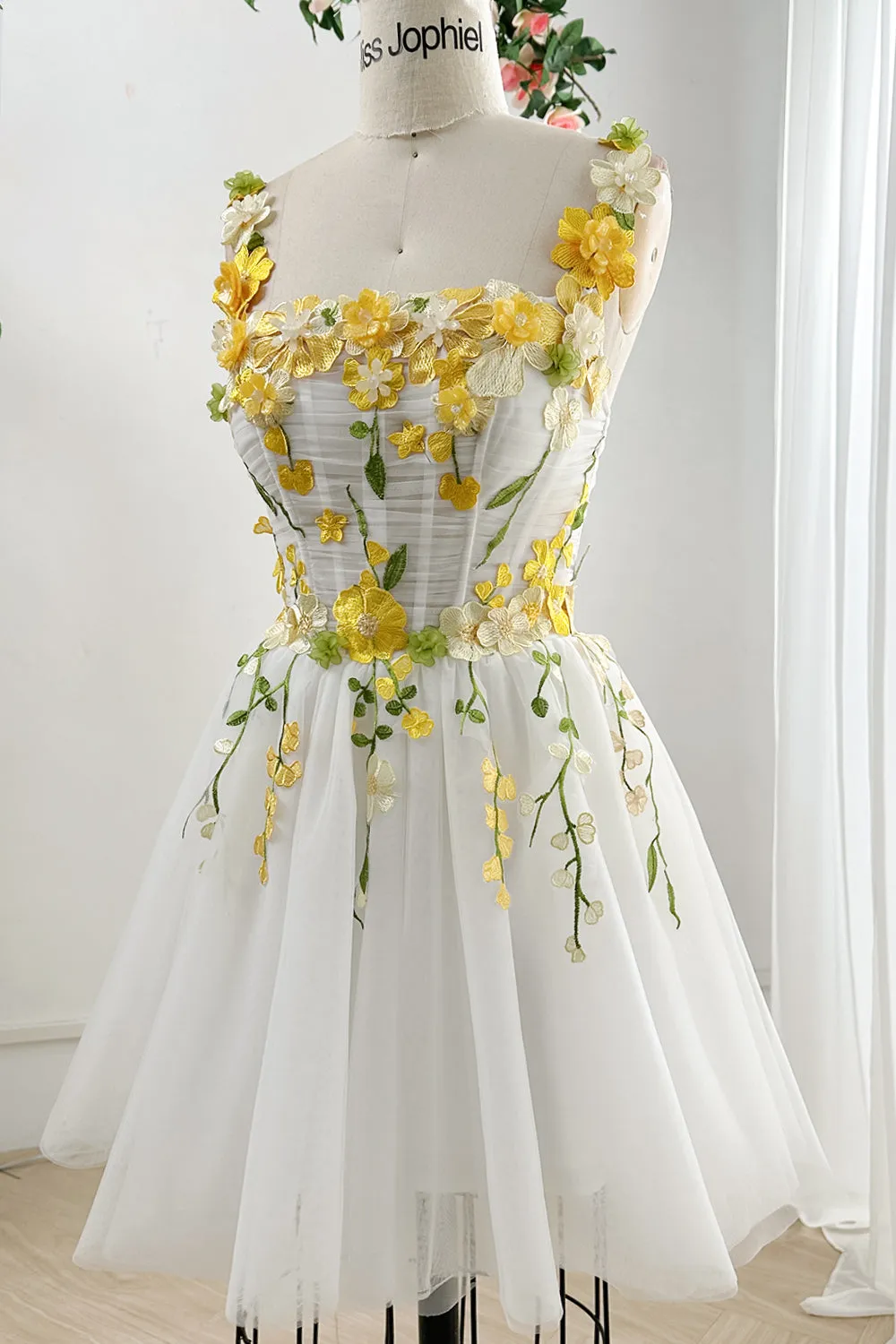Corset Yellow Floral Applique Mini Ivory Dress