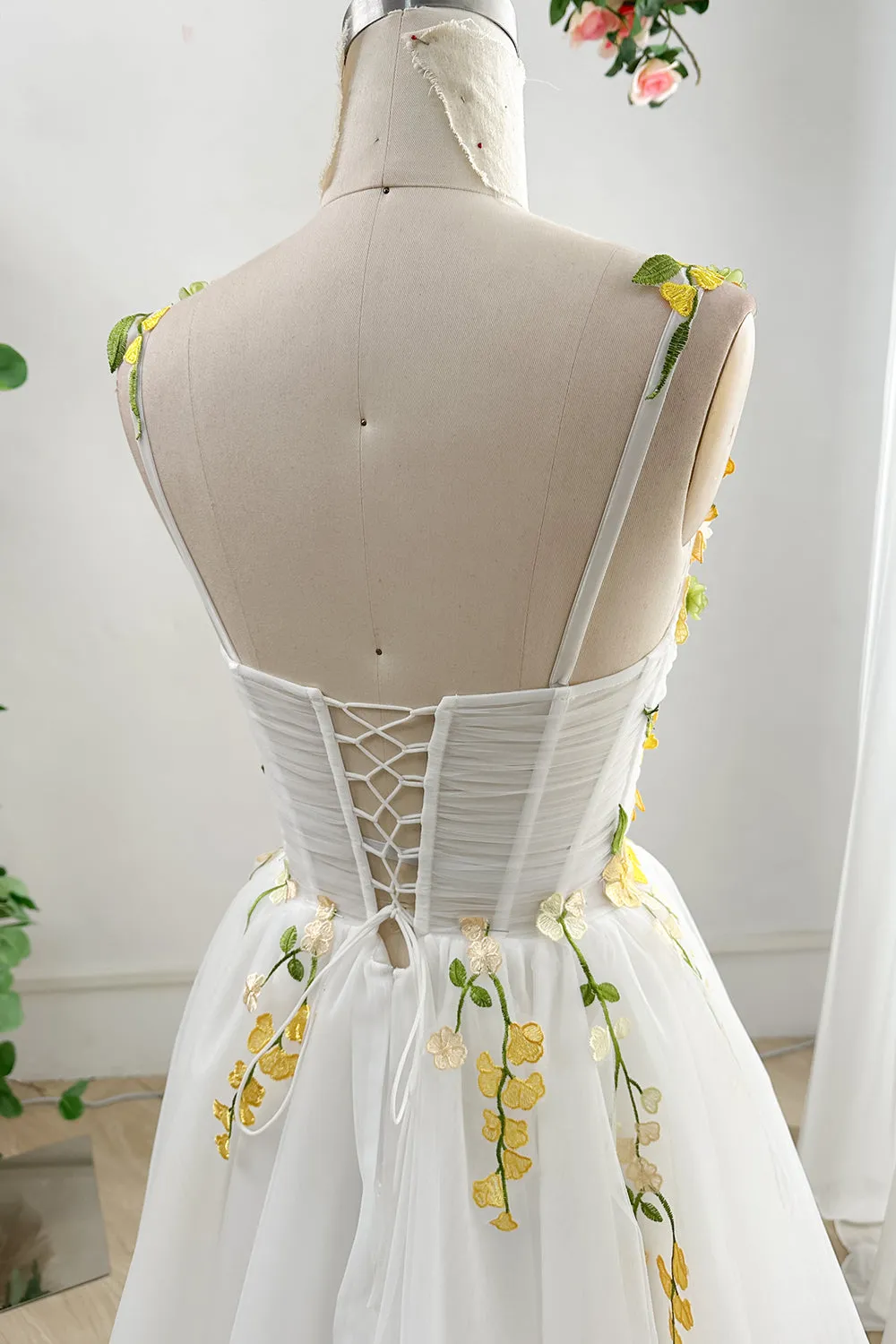 Corset Yellow Floral Applique Mini Ivory Dress