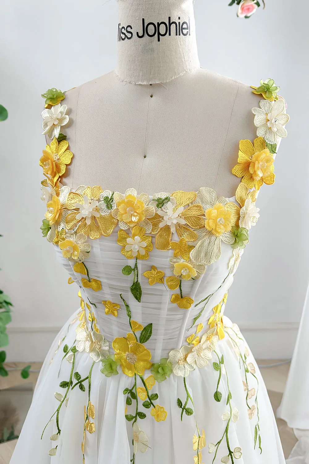 Corset Yellow Floral Applique Mini Ivory Dress