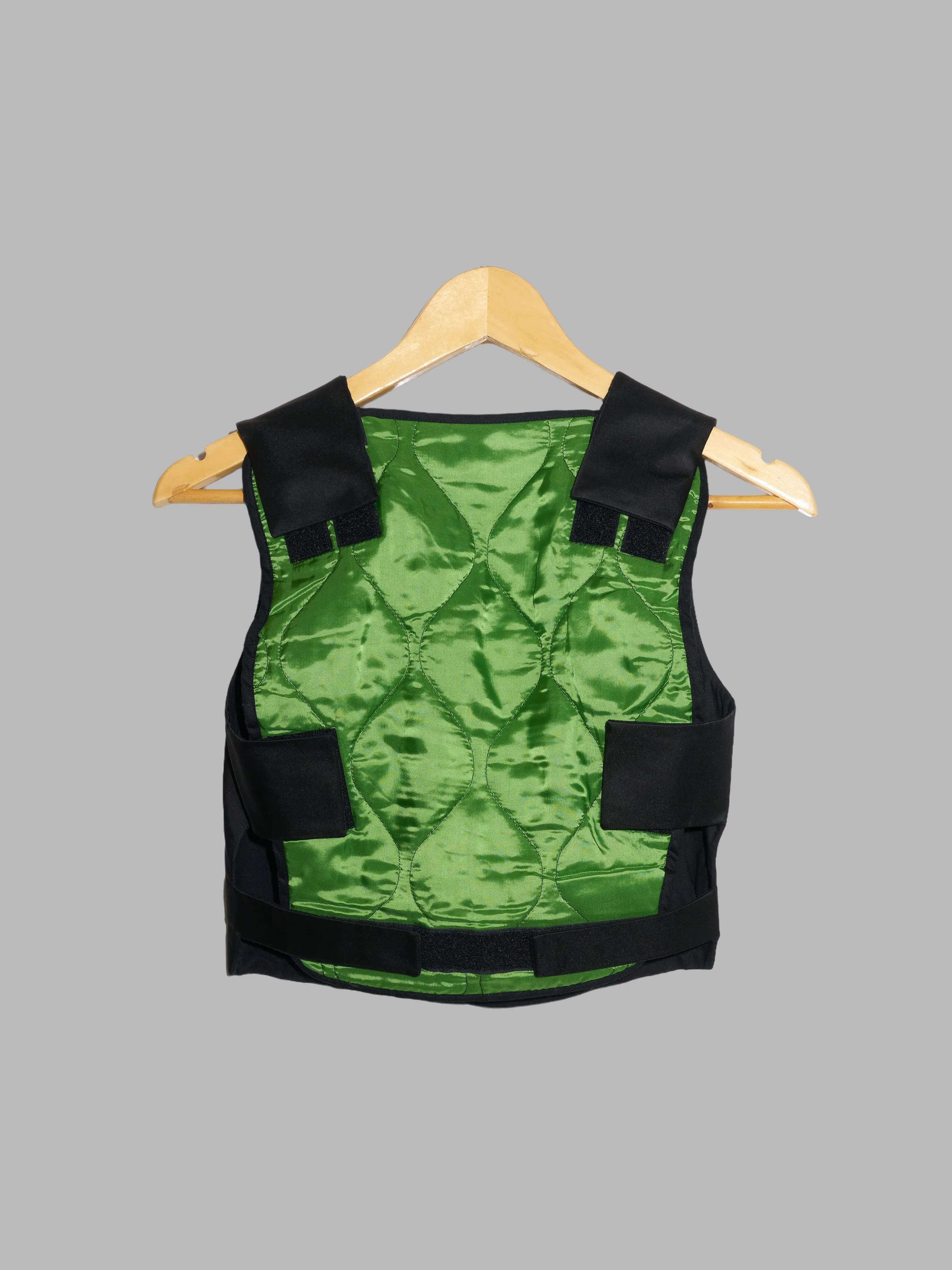 Dirk Bikkembergs 1990s quilted black satin waistcoat with green reversible back