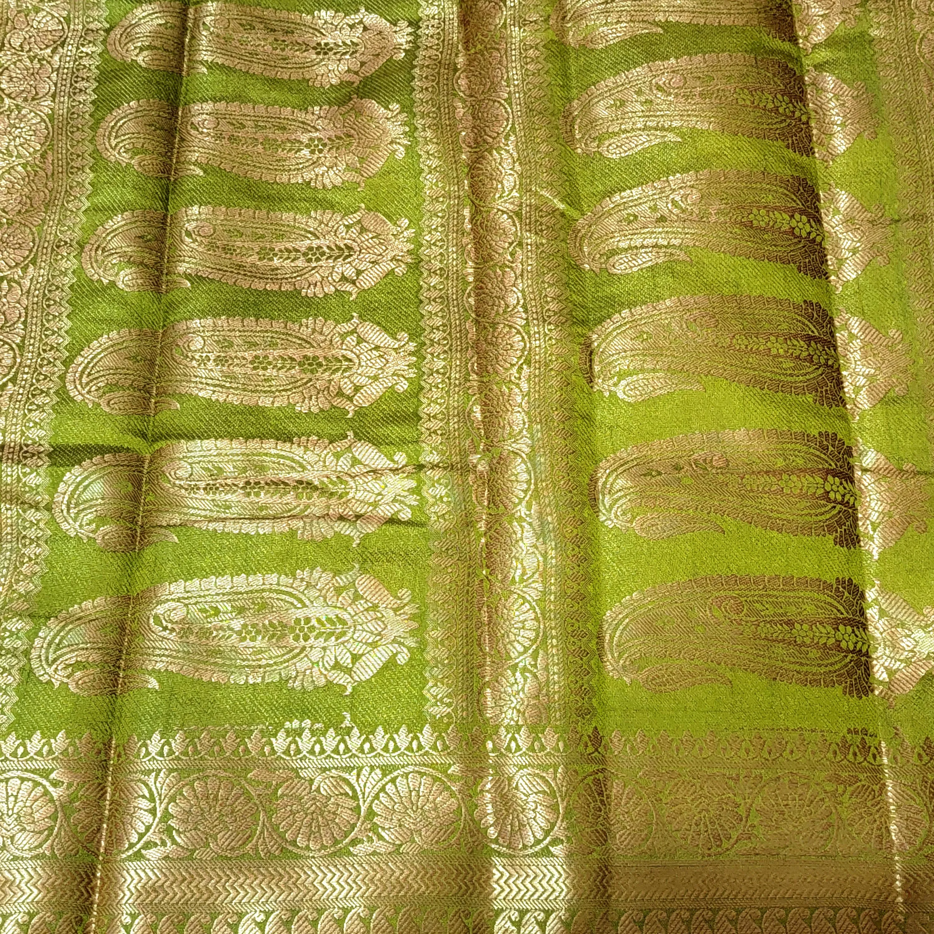 Golden Peach & Green Raw Silk Saree With Stitched Blouse