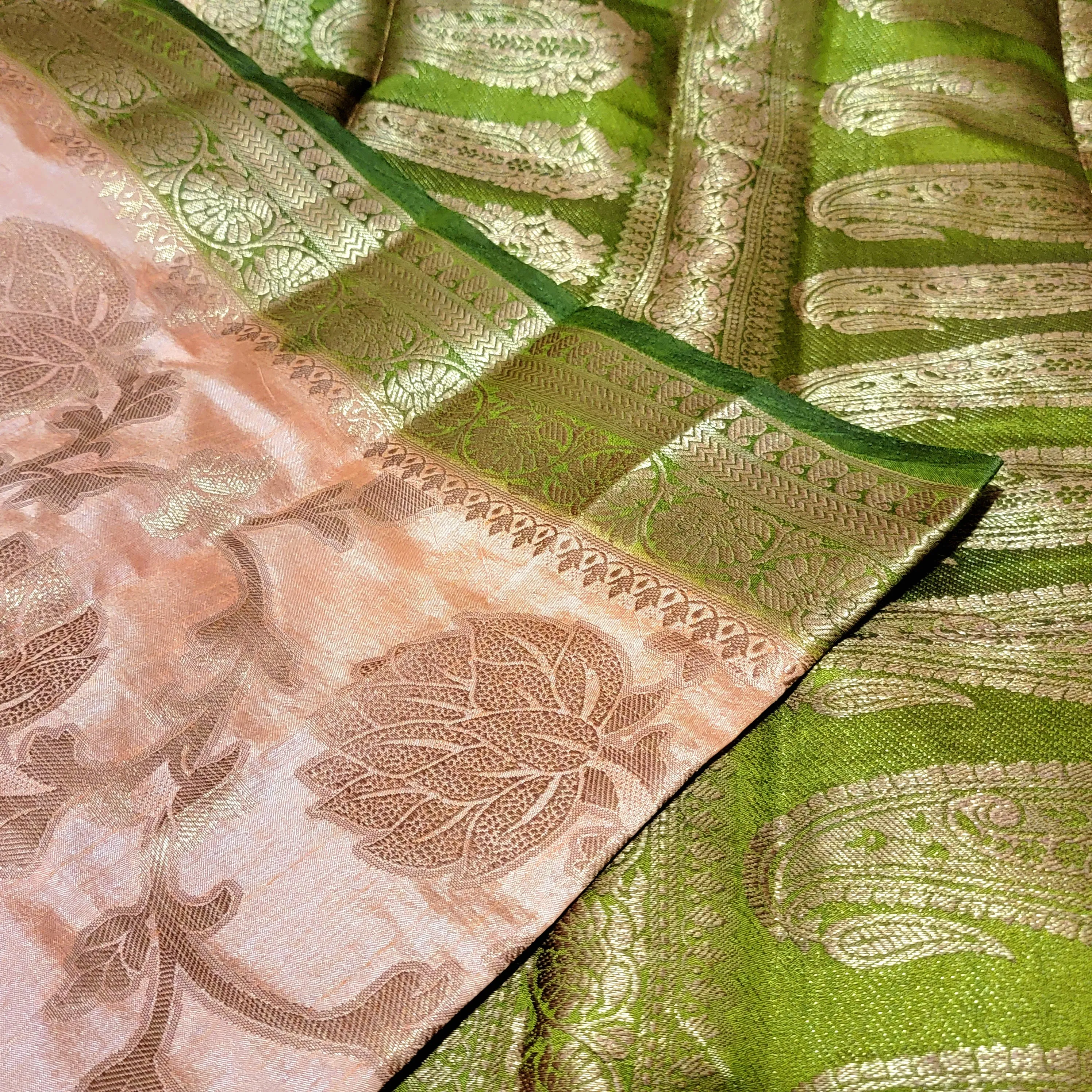 Golden Peach & Green Raw Silk Saree With Stitched Blouse