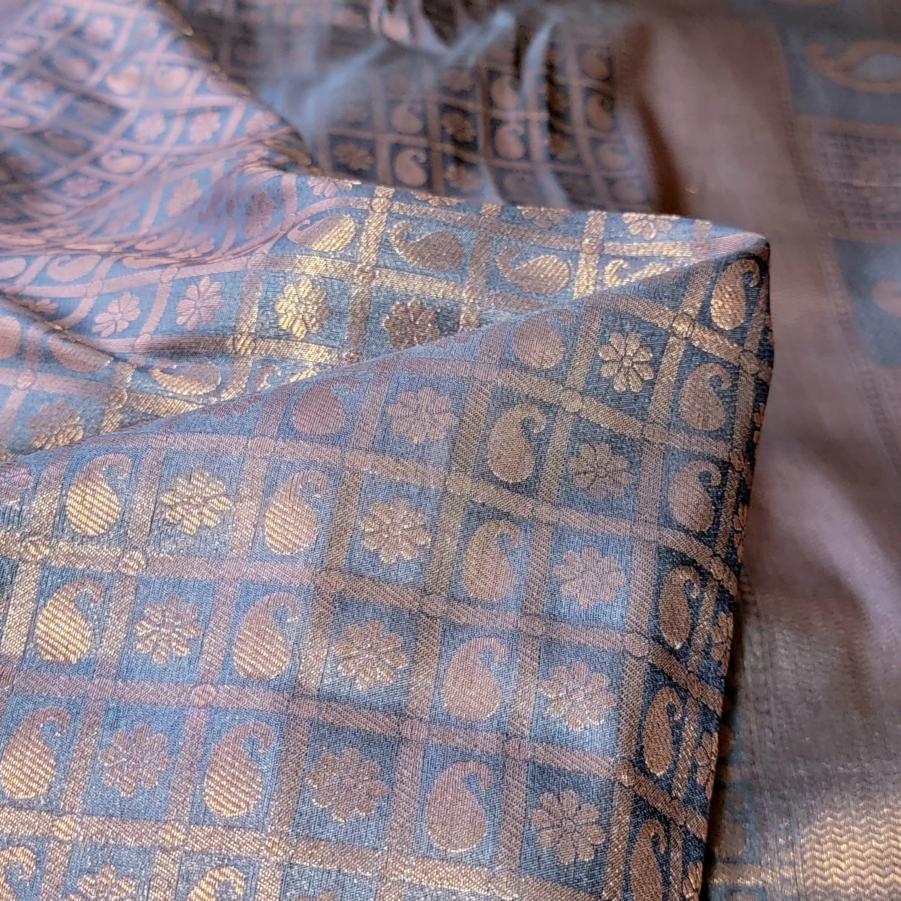 Grey Copper Zari soft Banarasi Silk Saree with stitched Blouse