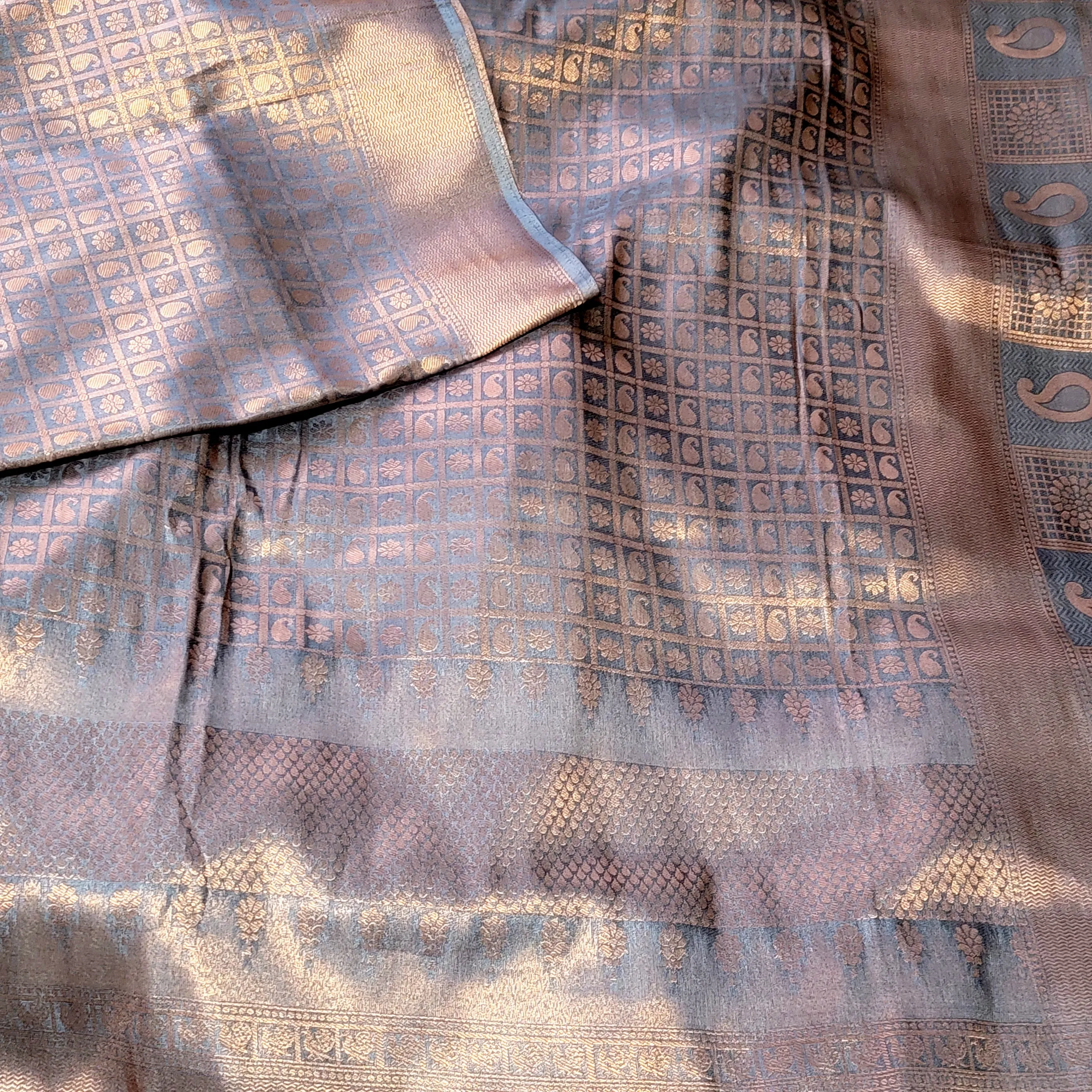 Grey Copper Zari soft Banarasi Silk Saree with stitched Blouse