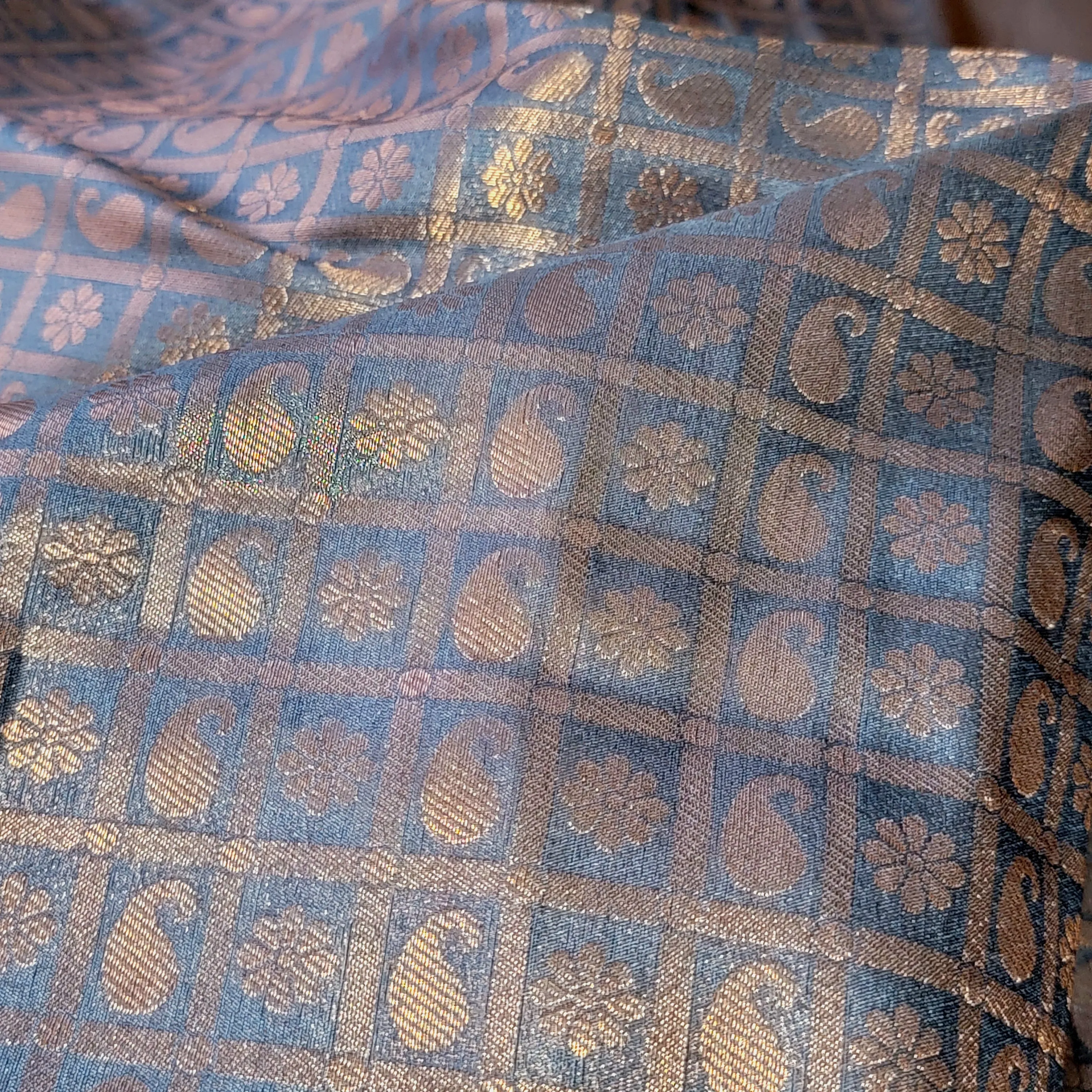 Grey Copper Zari soft Banarasi Silk Saree with stitched Blouse