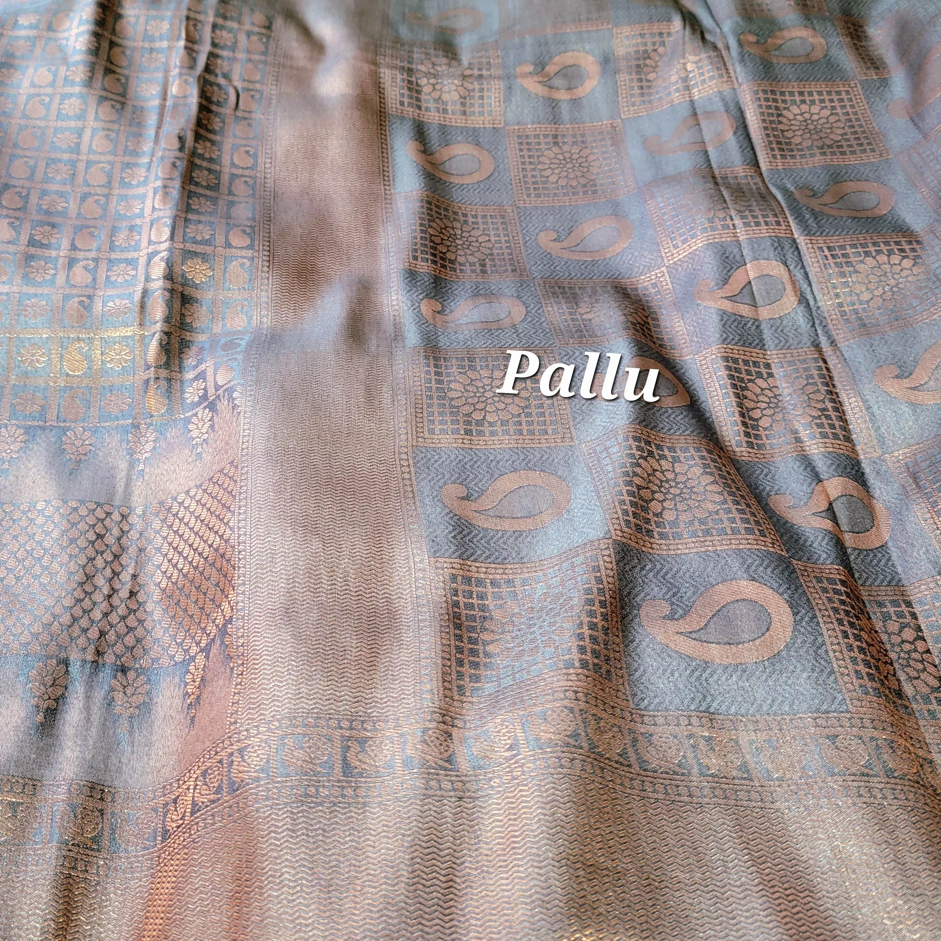 Grey Copper Zari soft Banarasi Silk Saree with stitched Blouse