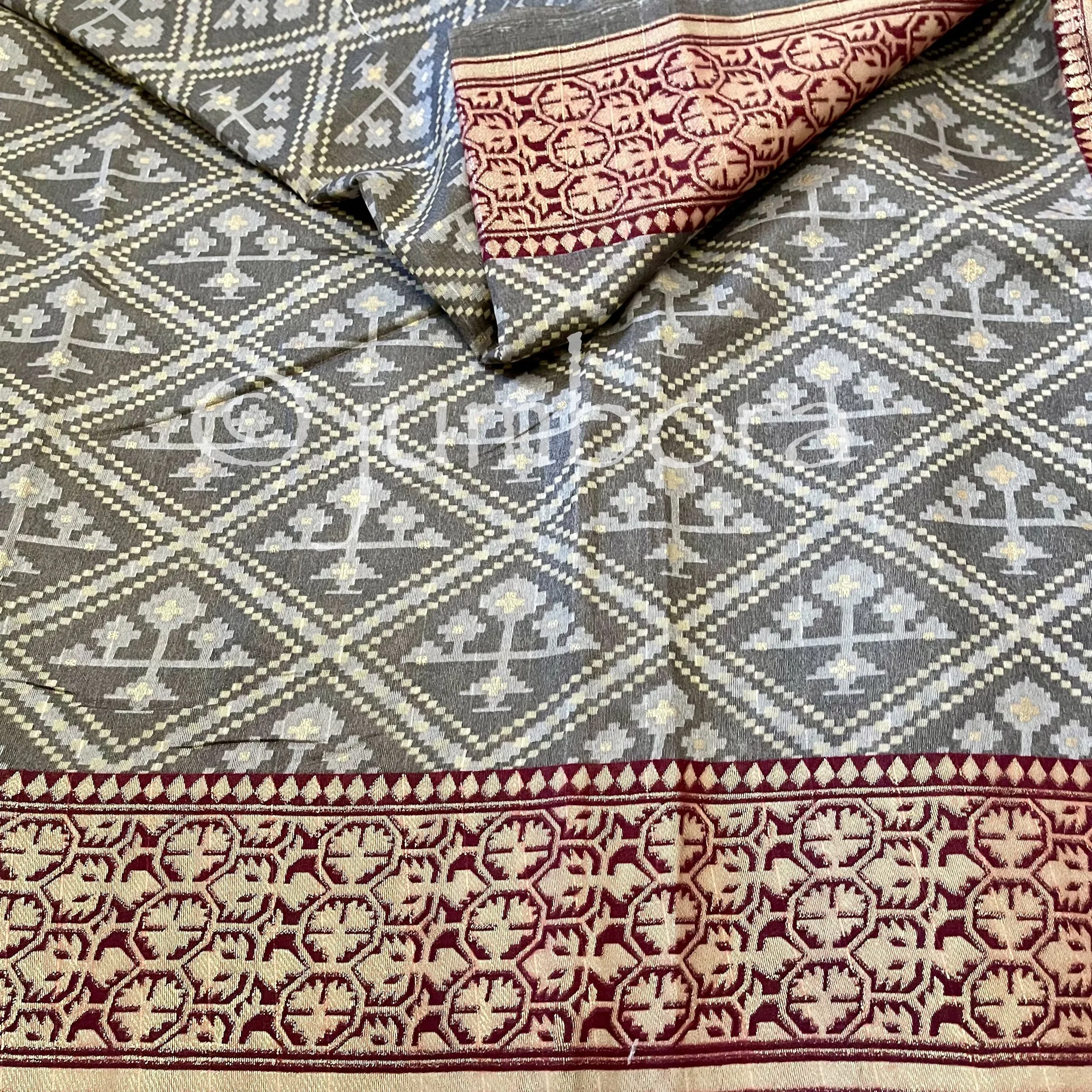 Grey Ikkat soft semi Jute cotton silk Saree