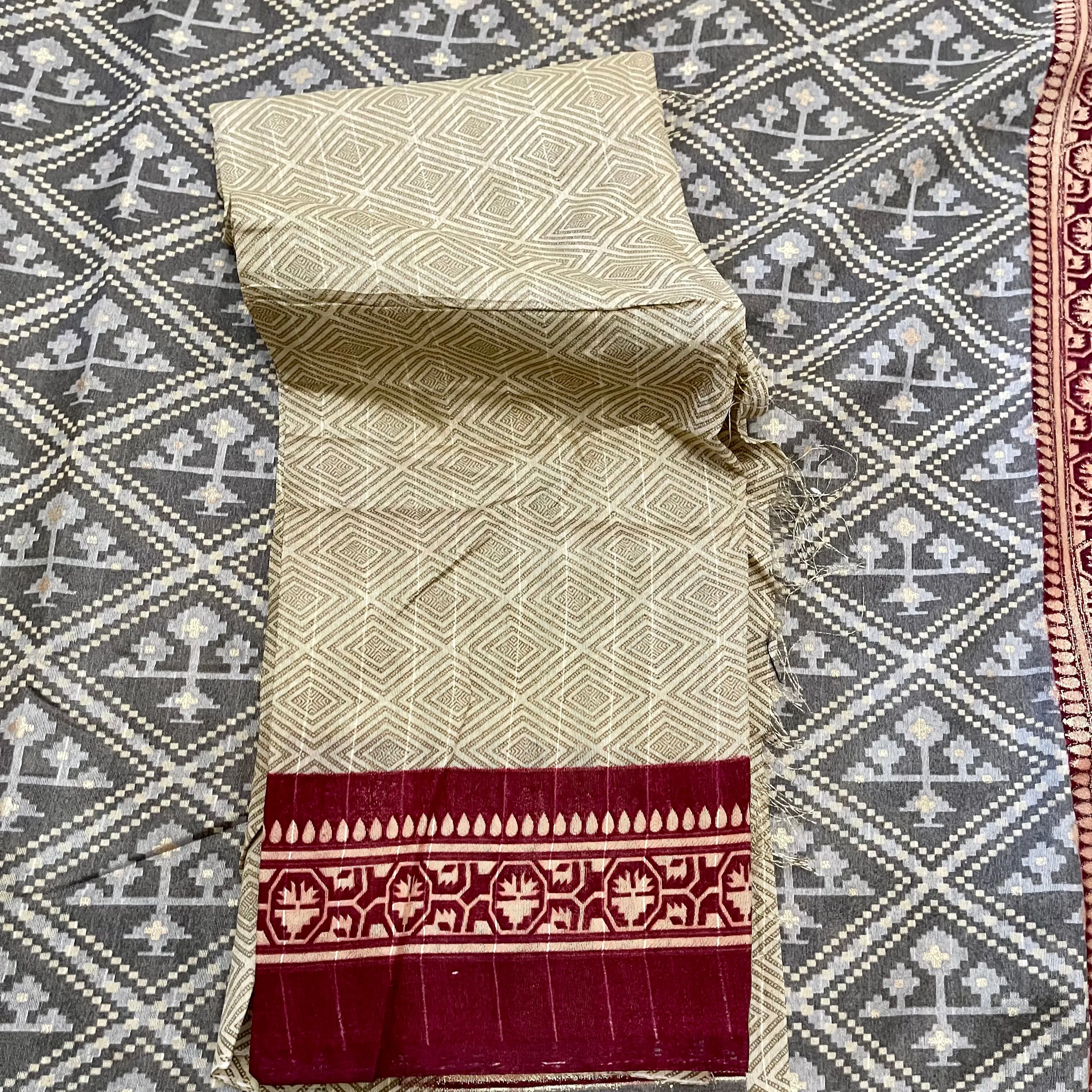 Grey Ikkat soft semi Jute cotton silk Saree