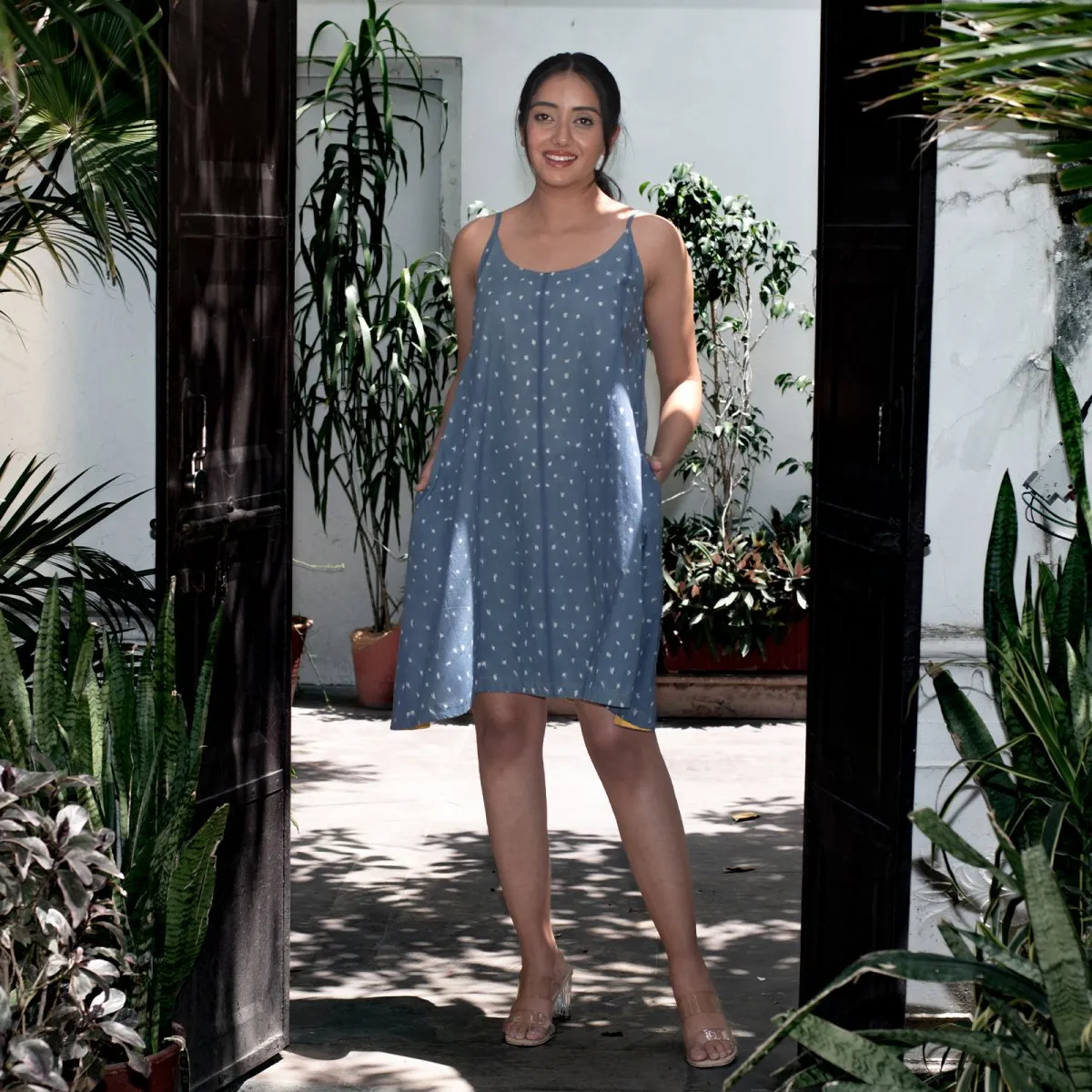 Grey Polka Handcrafted Short Dress in Cotton
