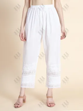 House Of Kari Chikankari Embroidered Cotton White Relaxed Pants Trousers-1