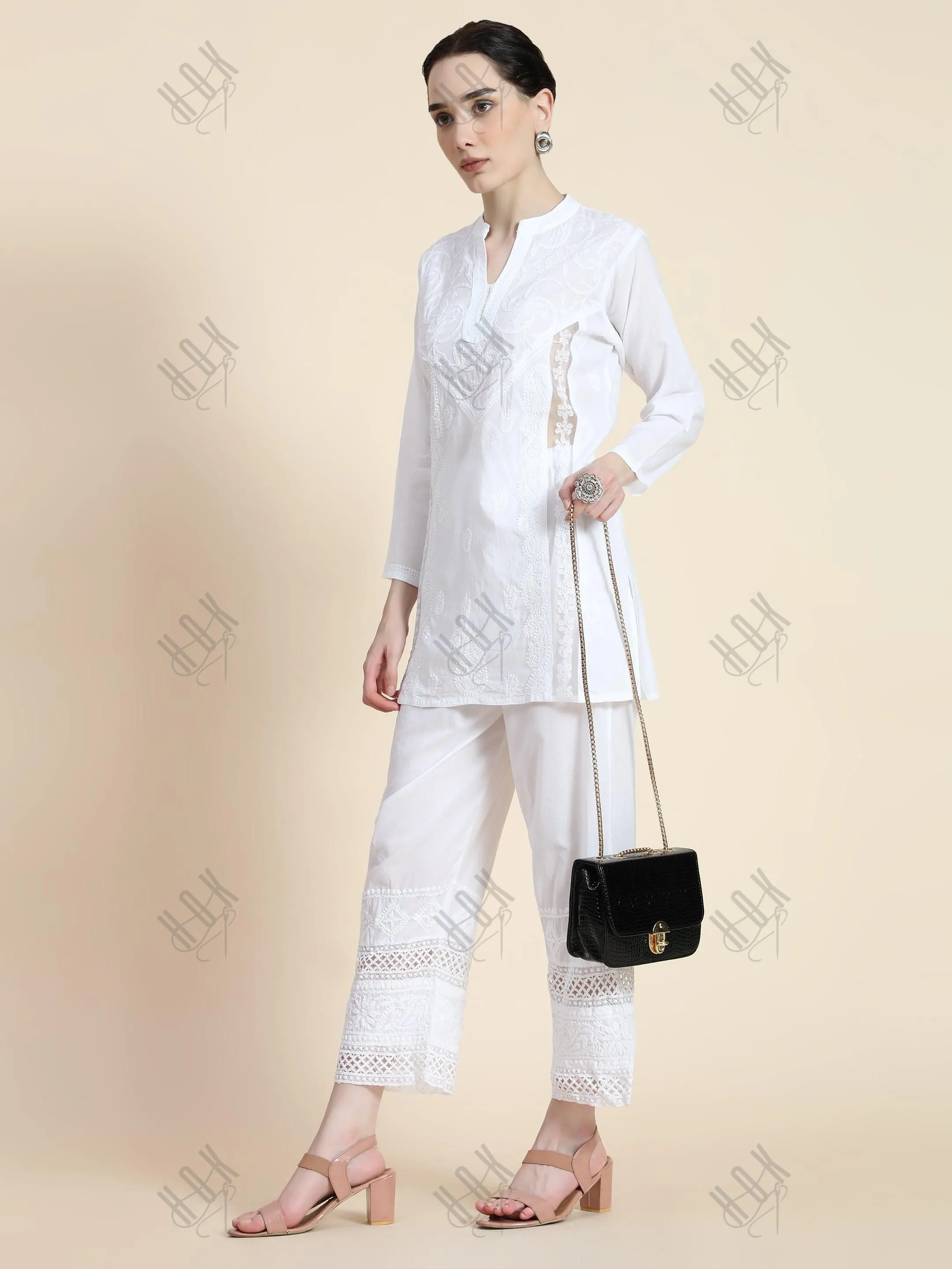 House Of Kari Chikankari Embroidered Cotton White Relaxed Pants Trousers-1