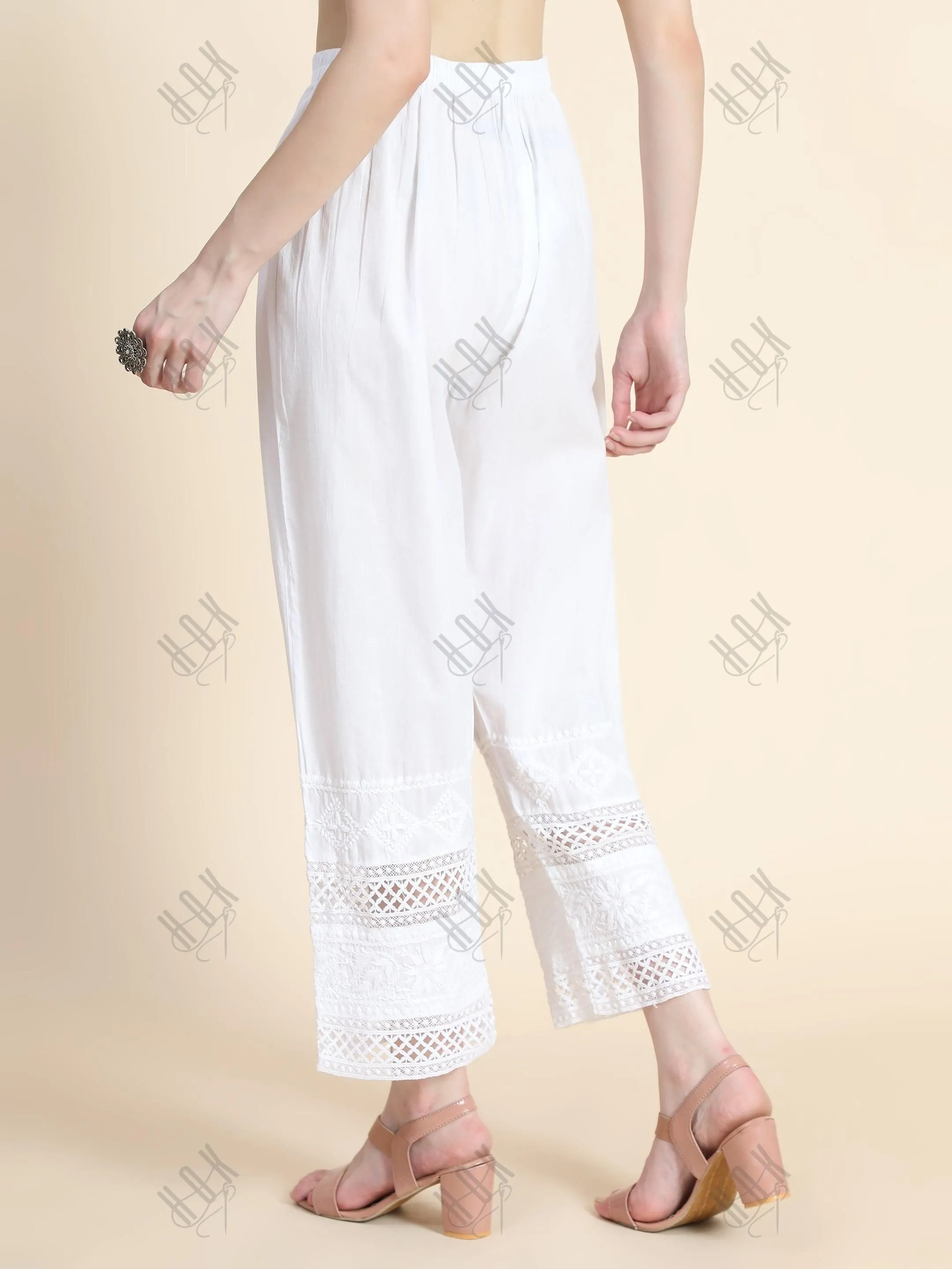 House Of Kari Chikankari Embroidered Cotton White Relaxed Pants Trousers-1
