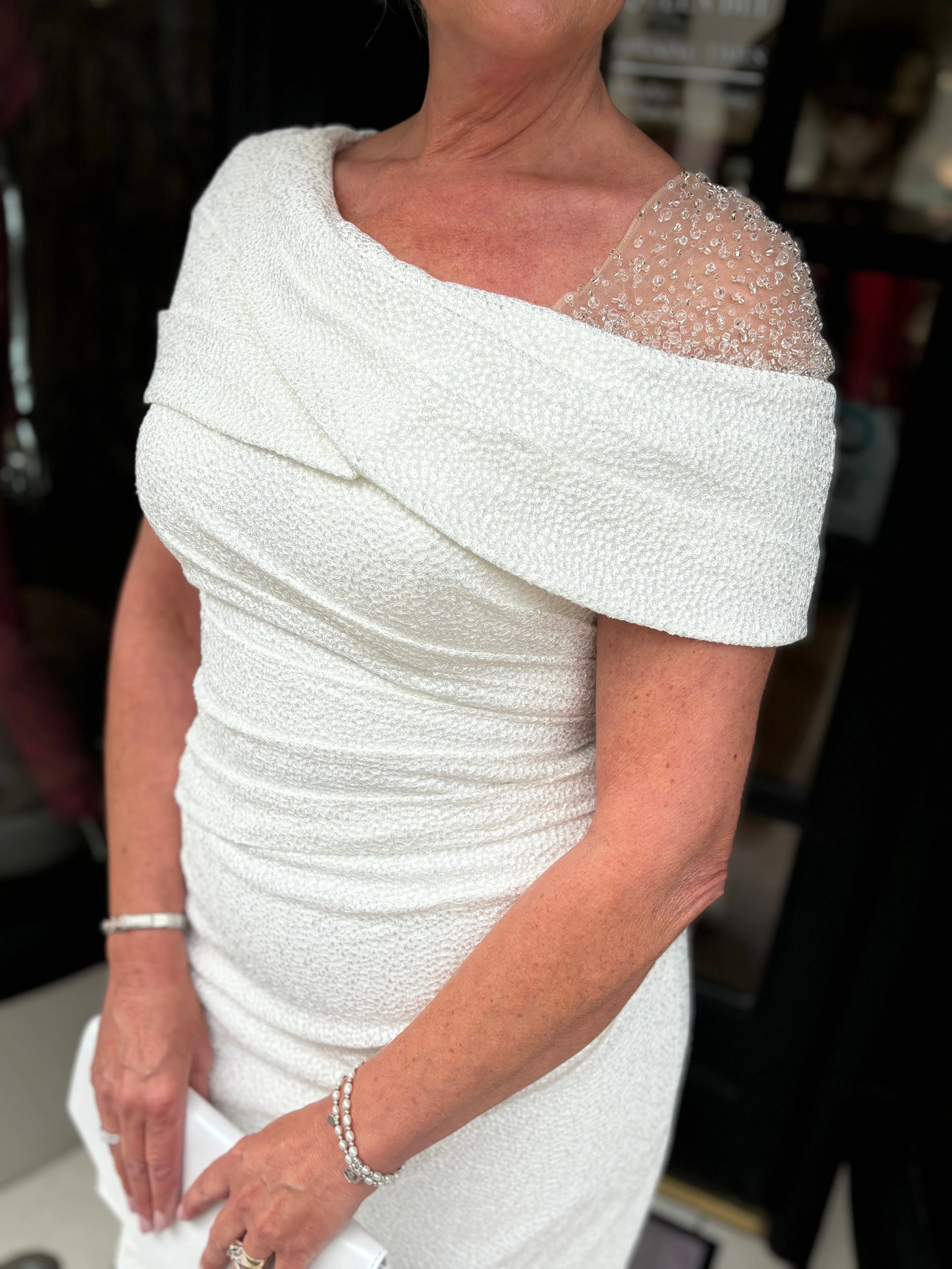 John Charles 29190 Ivory Beaded Shoulder Dress