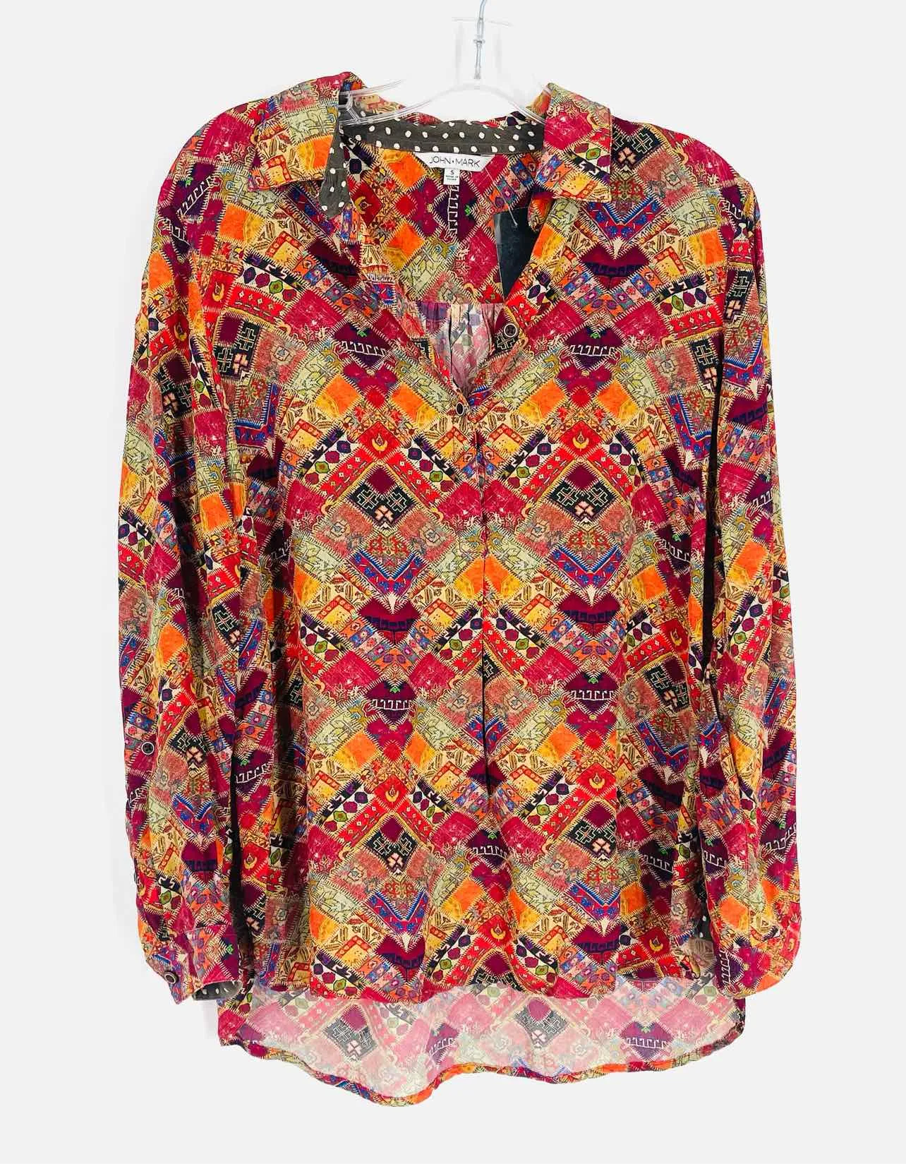 John Mark Size S Red/Multi Collared Print Tops Top-3/4 Sleeve