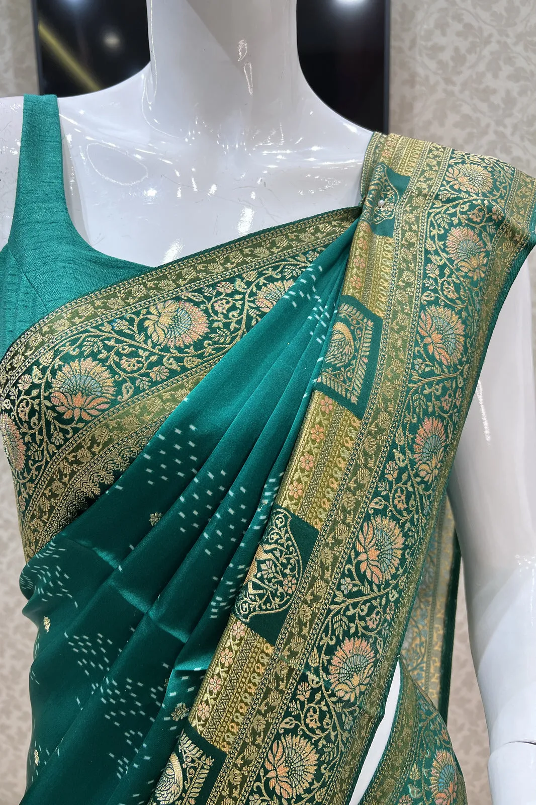 Leaf Green Banaras work and Bandini Print Saree