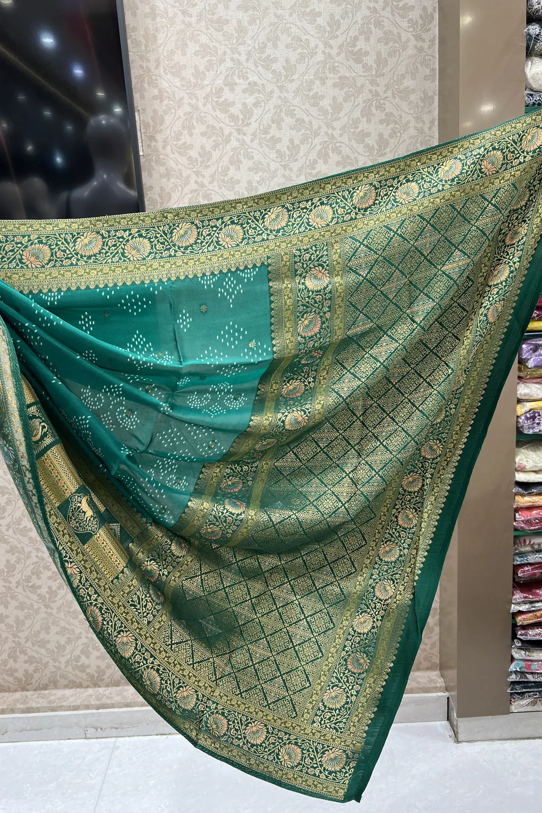 Leaf Green Banaras work and Bandini Print Saree