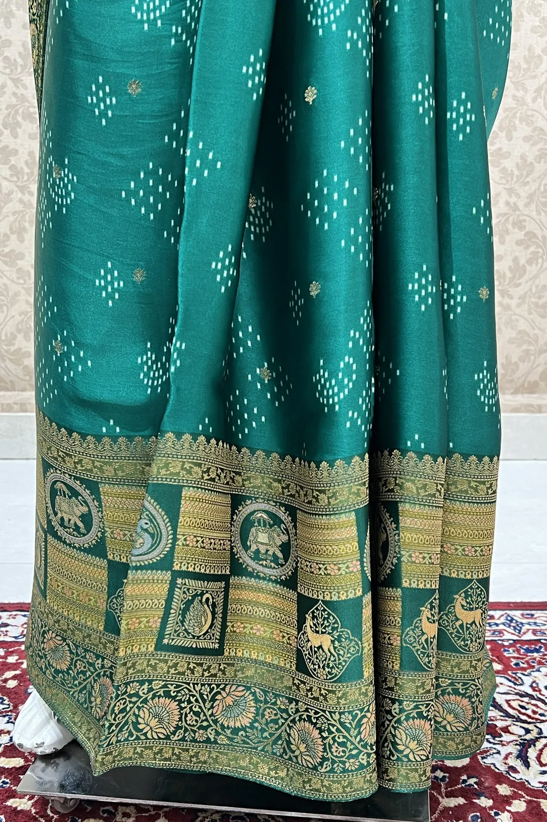 Leaf Green Banaras work and Bandini Print Saree