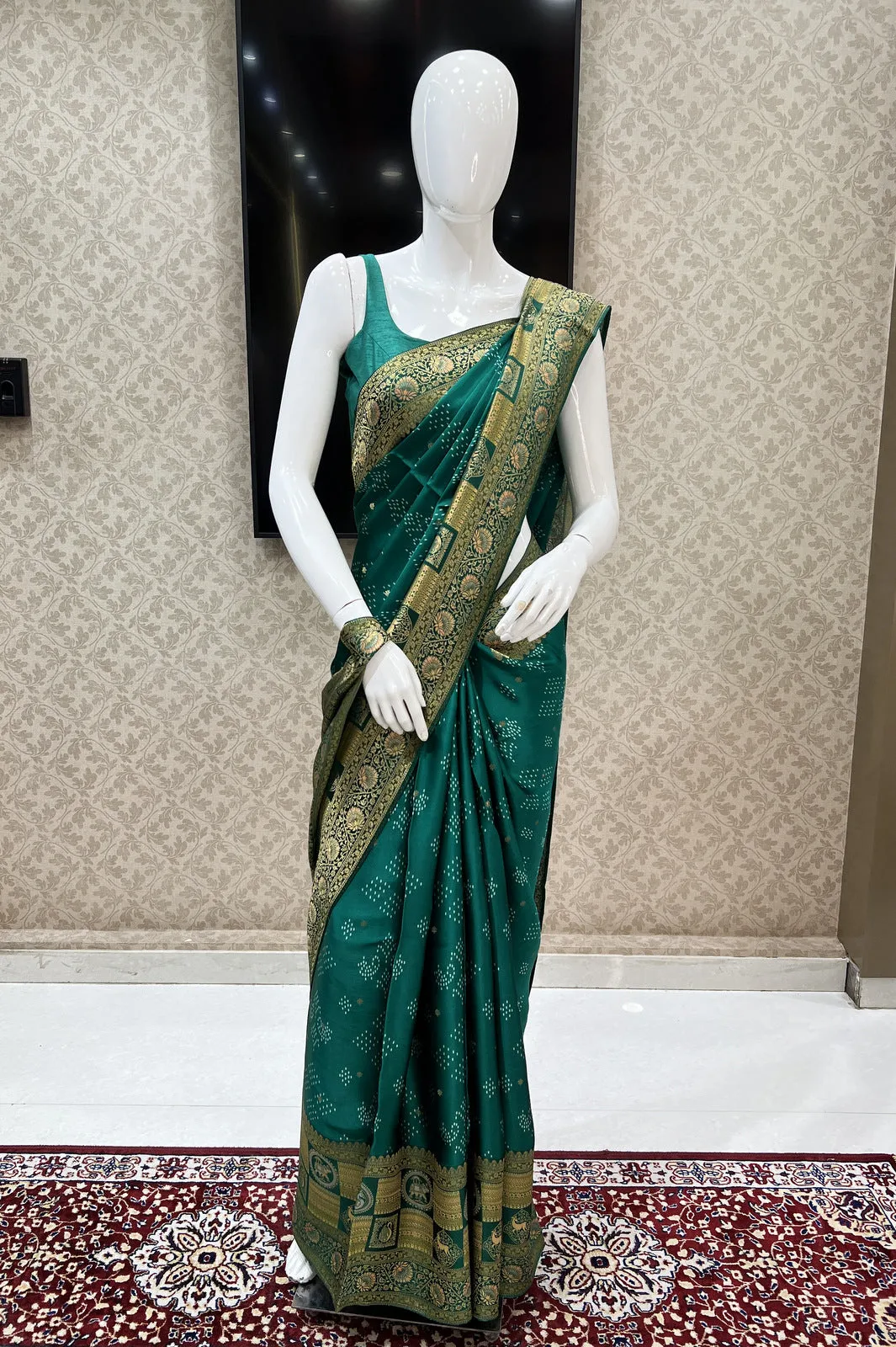Leaf Green Banaras work and Bandini Print Saree