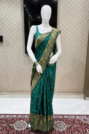Leaf Green Banaras work and Bandini Print Saree