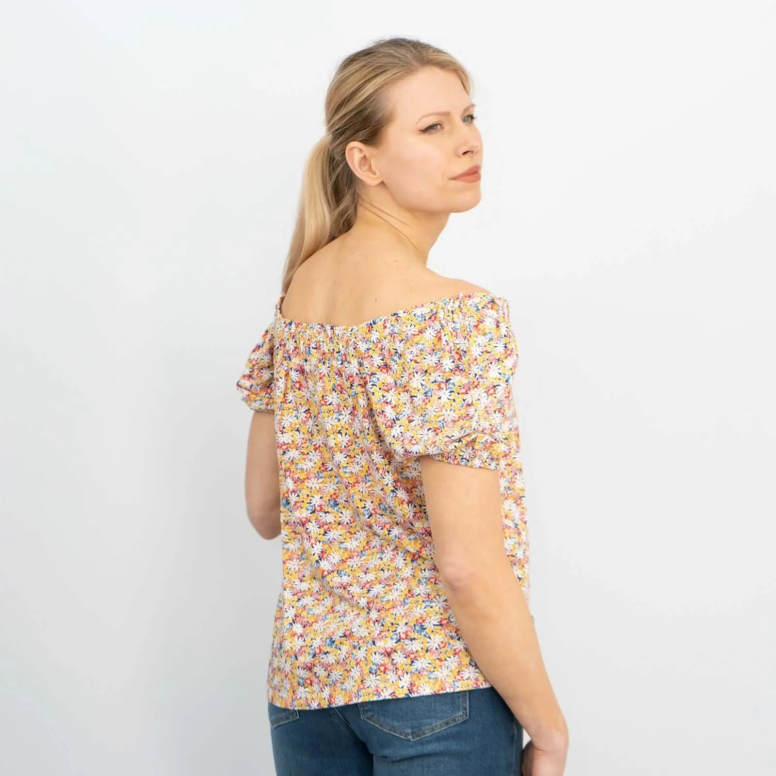 Leia Gathered Off Shoulder Short Sleeve Ditsy Floral Relaxed Tops