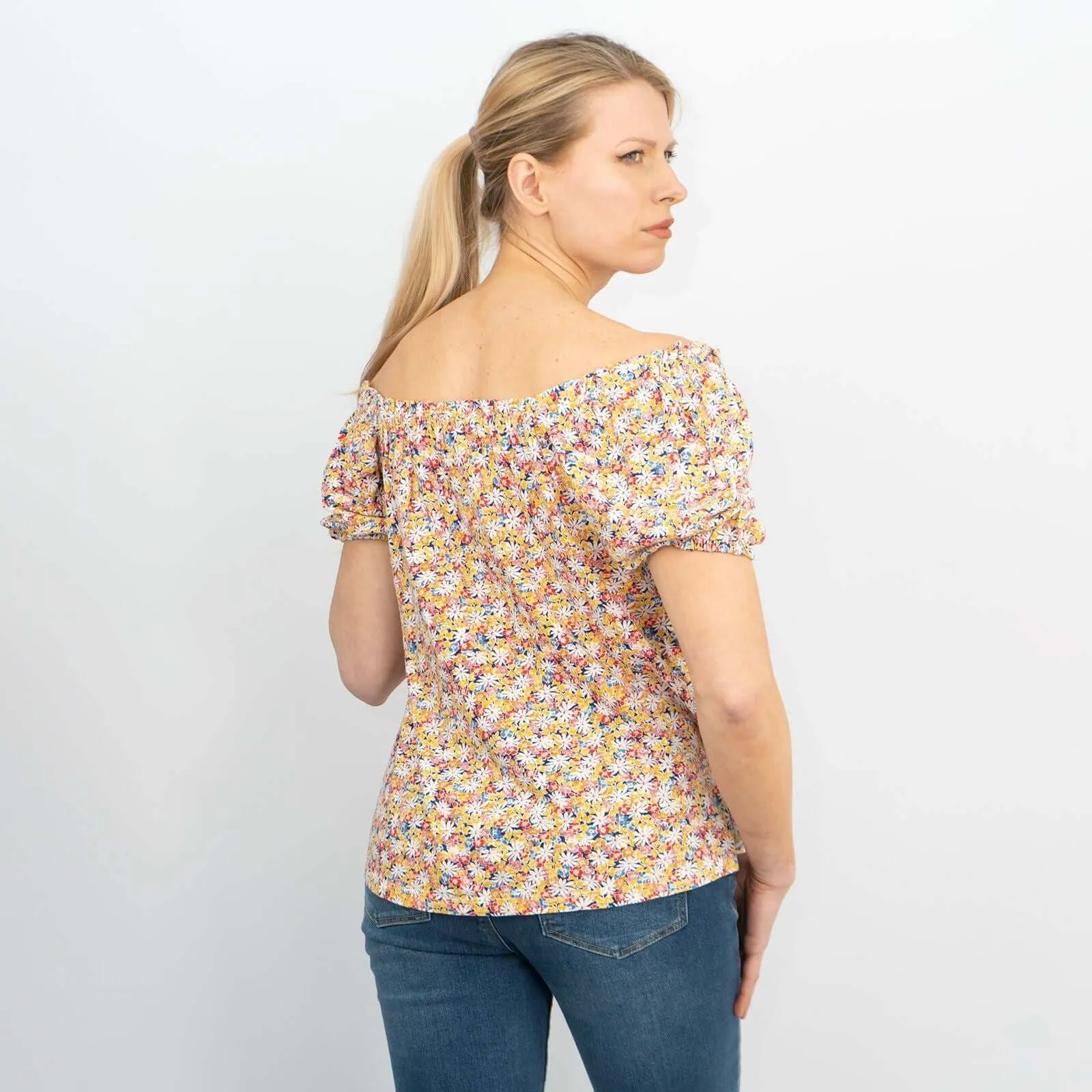Leia Gathered Off Shoulder Short Sleeve Ditsy Floral Relaxed Tops