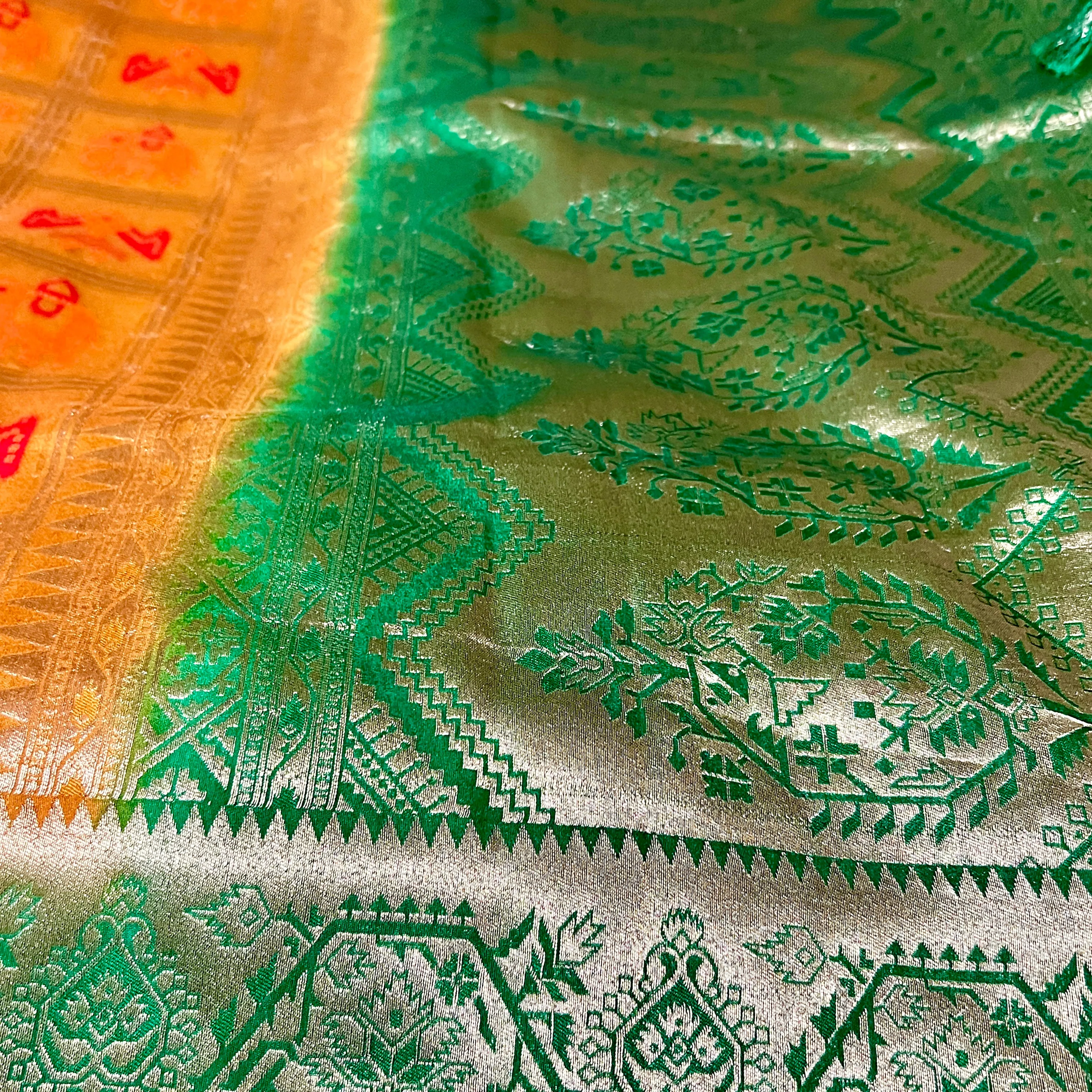 Mustard Yellow and Green Banarasi Patola Silk Saree with Stitched Blouse