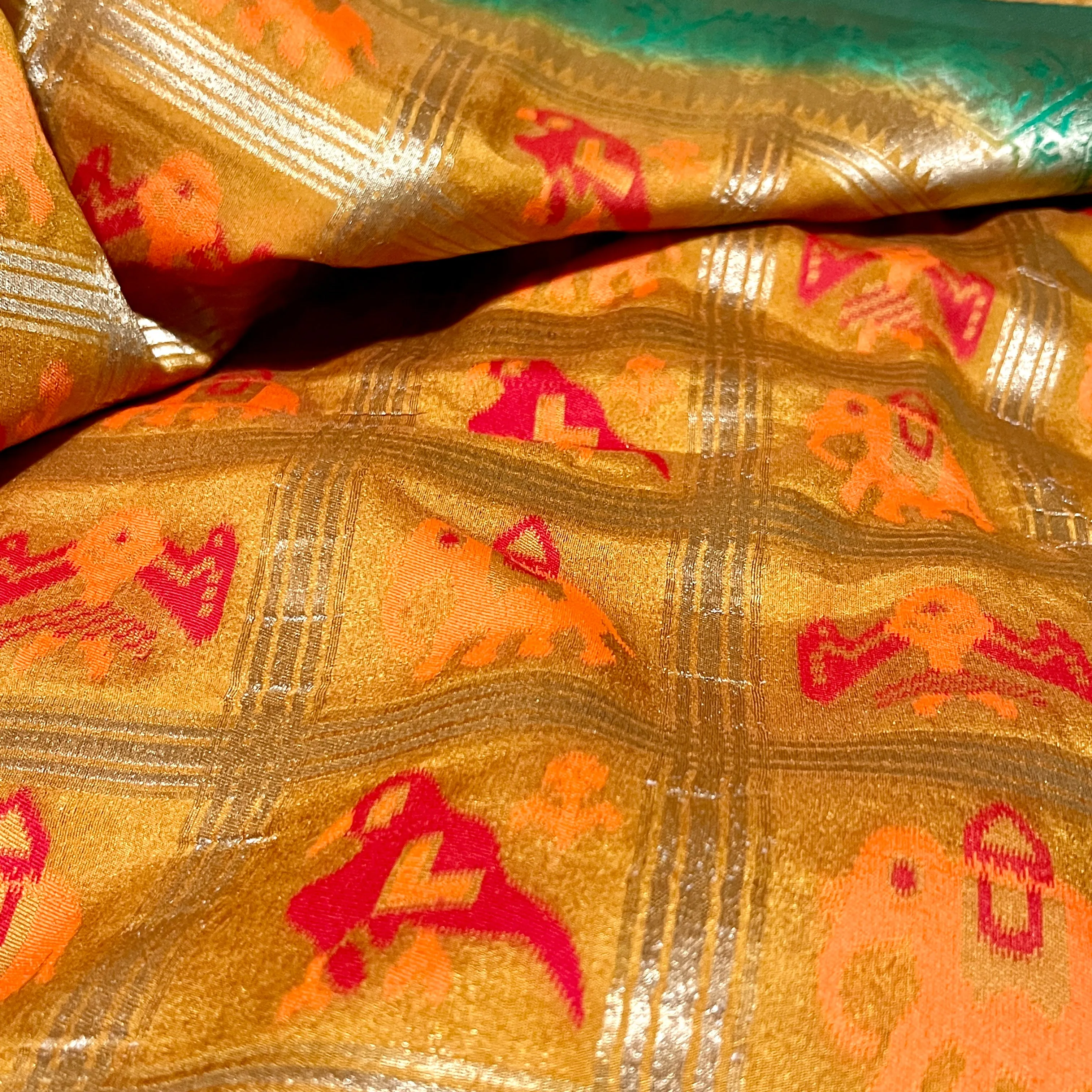 Mustard Yellow and Green Banarasi Patola Silk Saree with Stitched Blouse