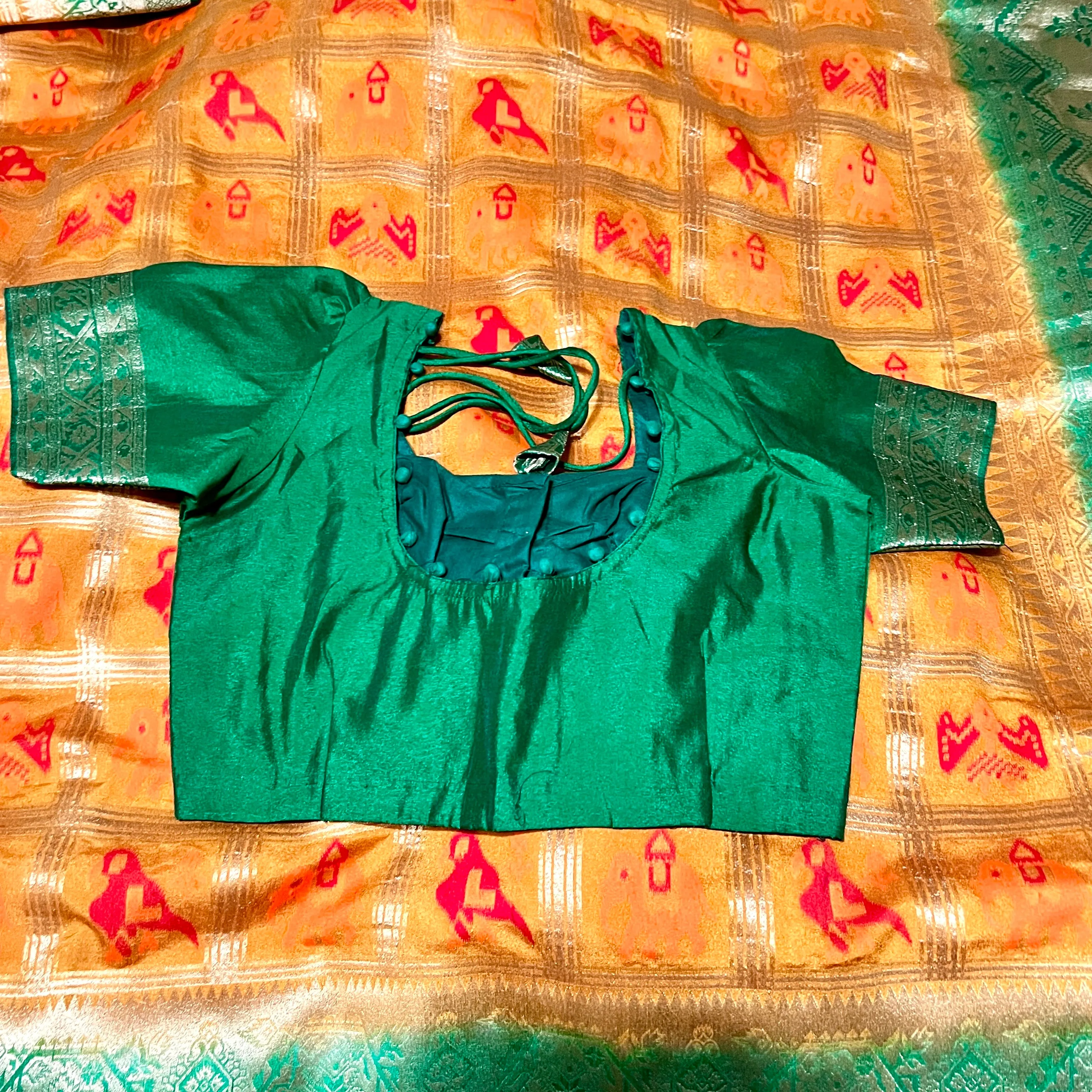 Mustard Yellow and Green Banarasi Patola Silk Saree with Stitched Blouse