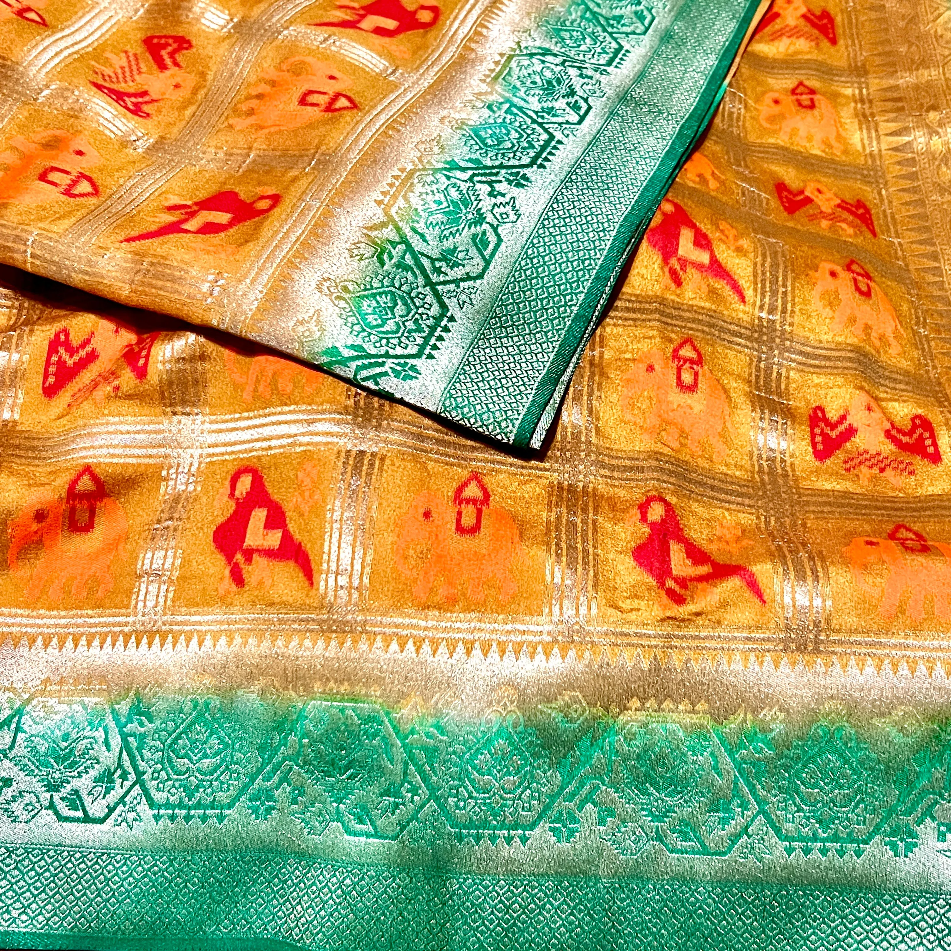 Mustard Yellow and Green Banarasi Patola Silk Saree with Stitched Blouse