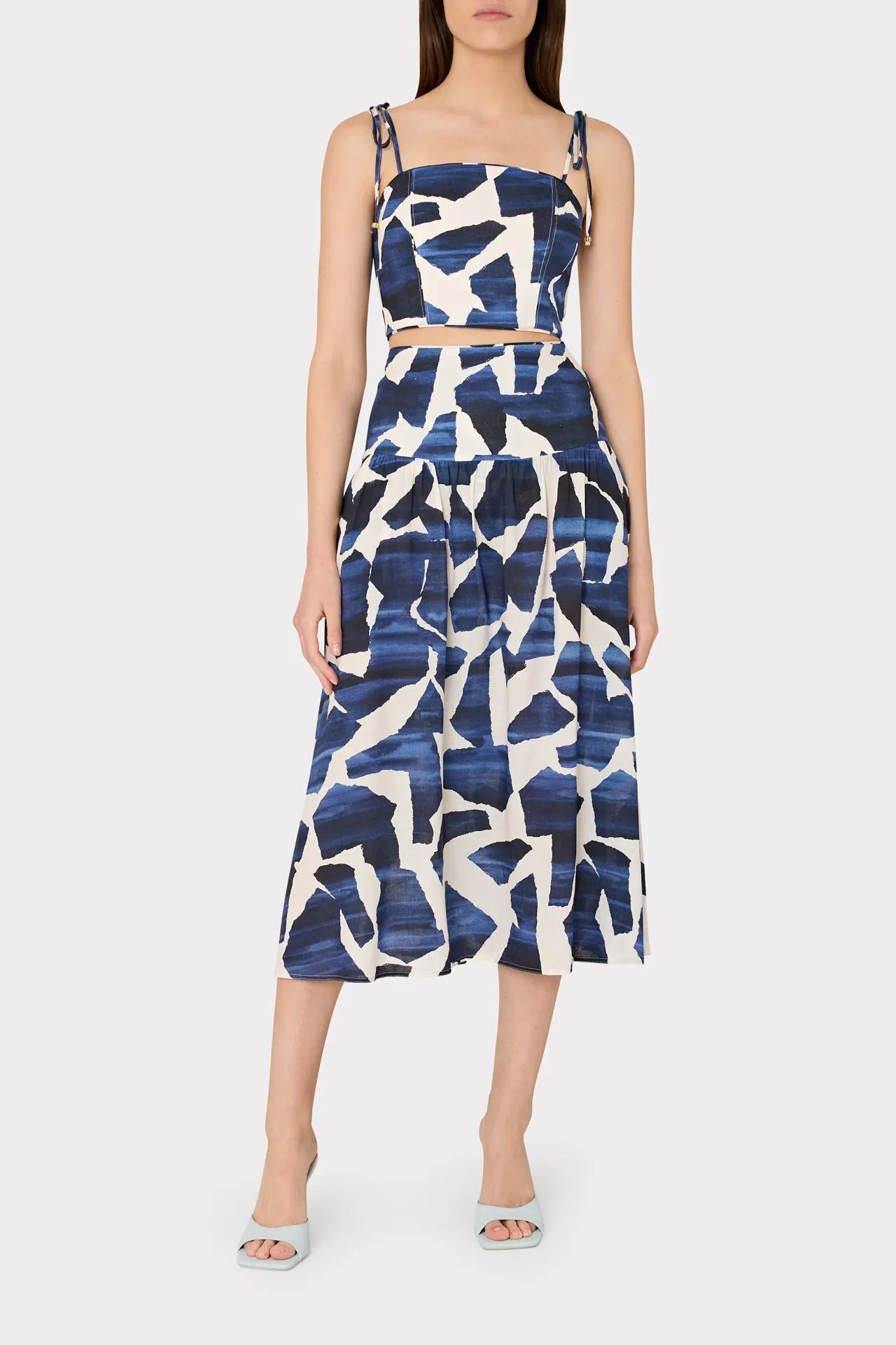 Ocean Puzzle Viscose Linen Tie Top