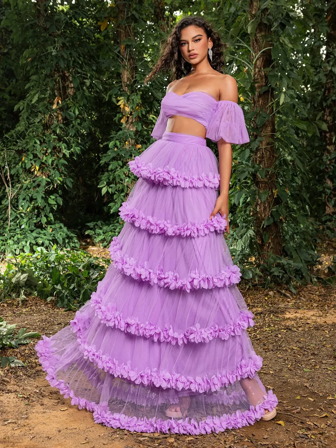 Off Shoulder Puff Sleeve Crop Top & Frill Trim Mesh Skirt