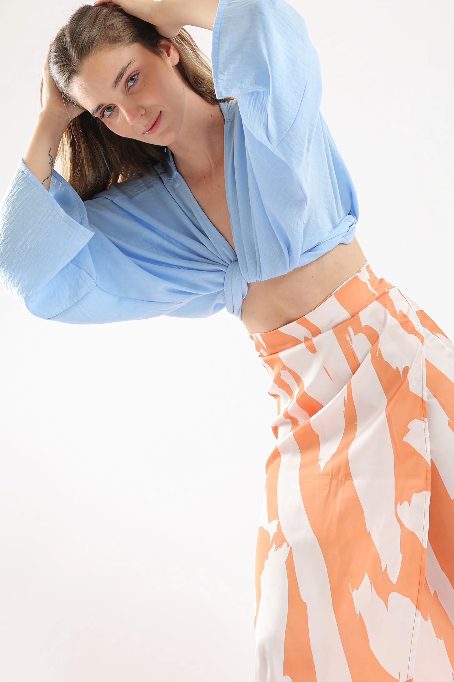 ORANGE PALMS SATIN WRAP SKIRT