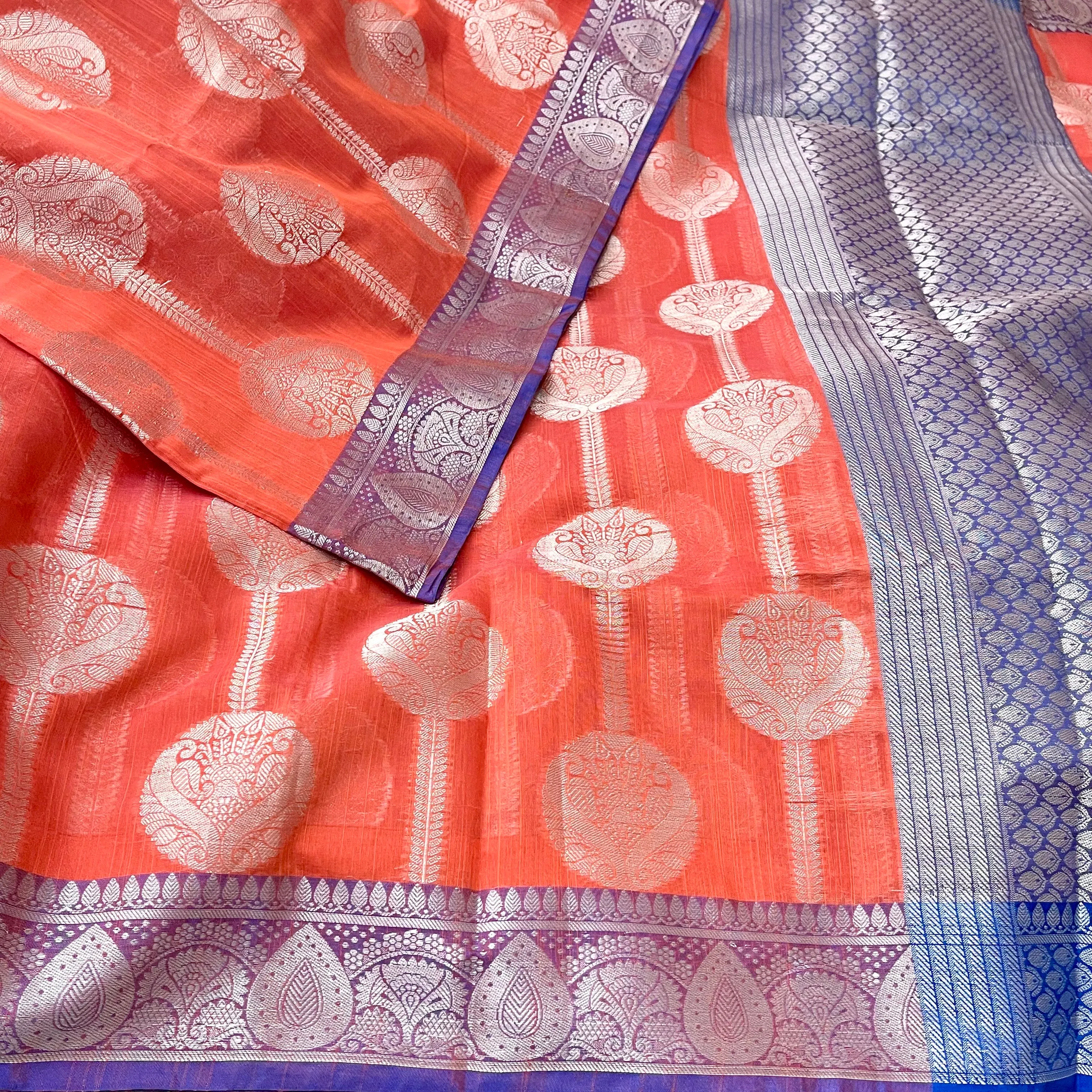 Peach Orange Color Chanderi silk Saree with stitched blouse