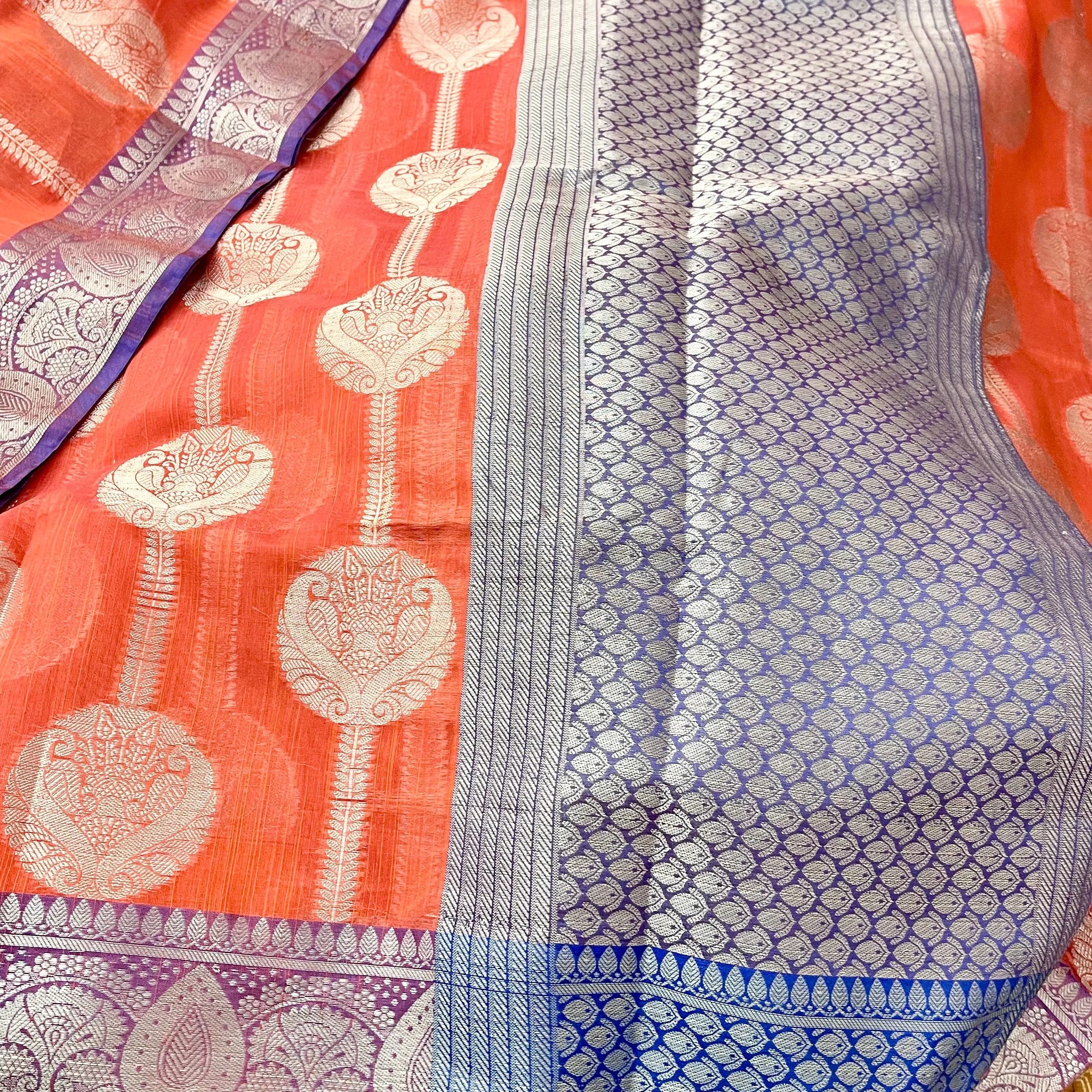 Peach Orange Color Chanderi silk Saree with stitched blouse