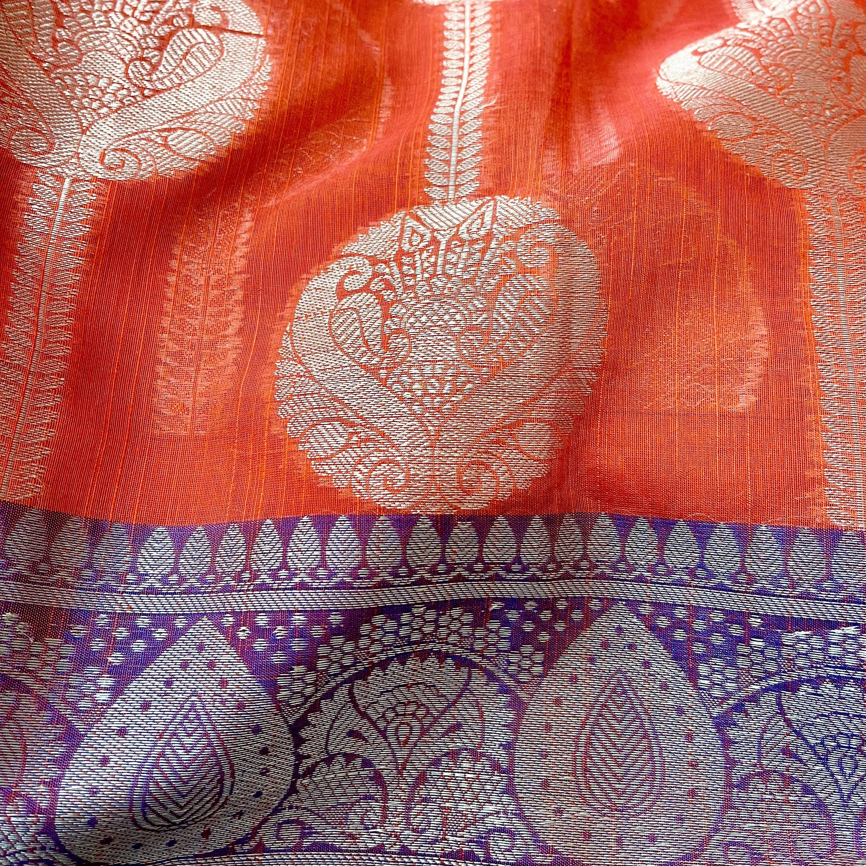 Peach Orange Color Chanderi silk Saree with stitched blouse
