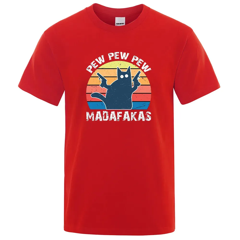 Pew Pew Madafaks Cat  Comfortable Tops Summer Oversized T-Shirt Men's