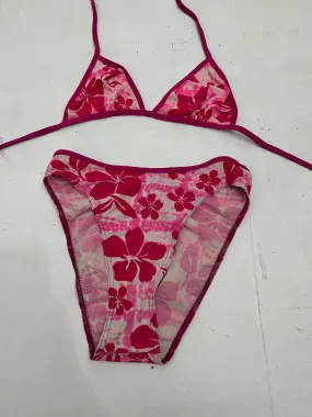 Pink hawaii hibiscus floral print  y2k vintage  bikini set (S/M)
