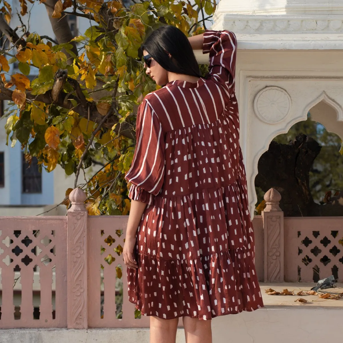 Rust Handcrafted Tiered Dress in Modal