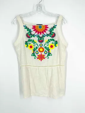 Size S White/Multi Embroidered Linen Blend Tops Top-Sleeveless