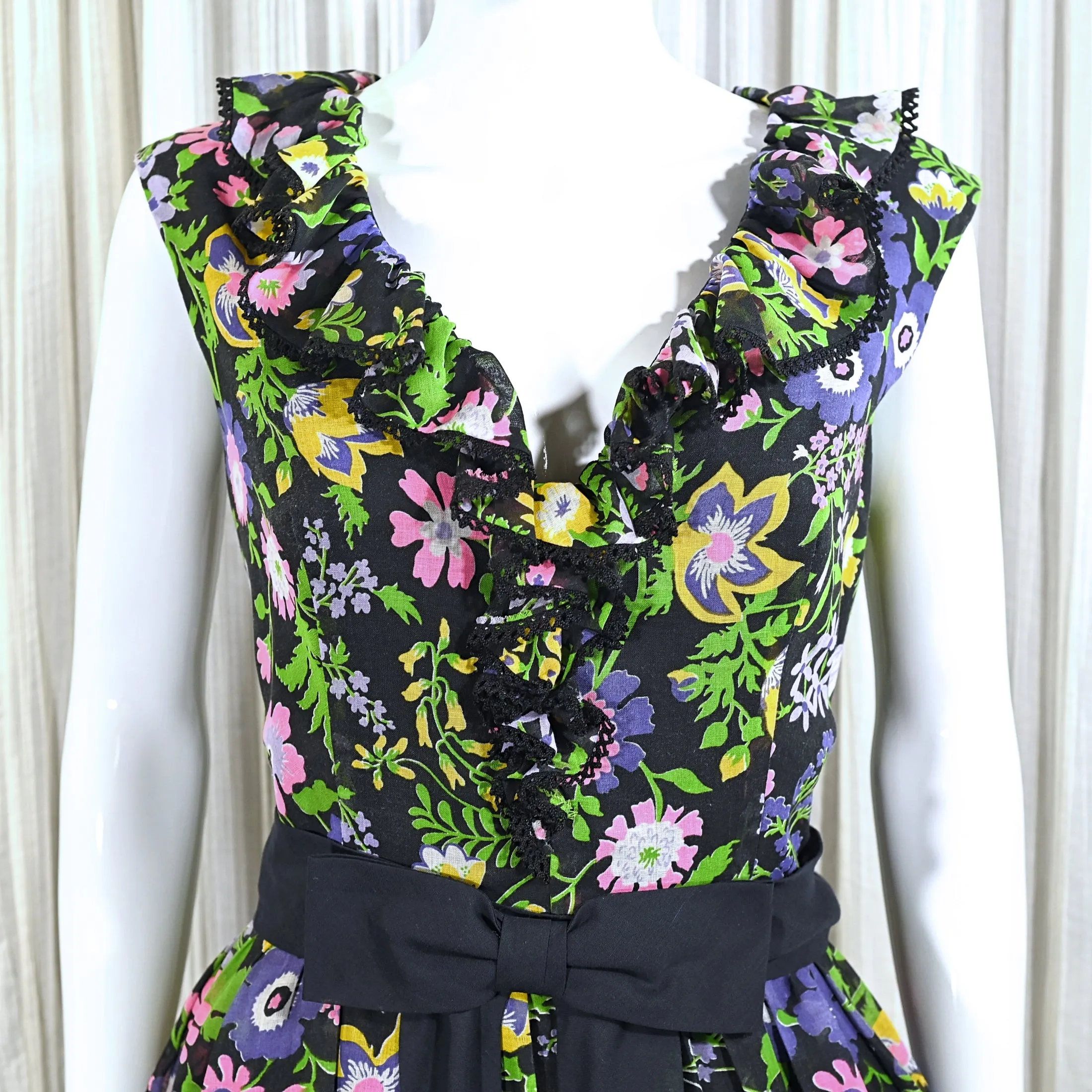 SOLD Miss Elliette 70s Floral Print Ruffle Dress, Full Skirt Maxi Dress